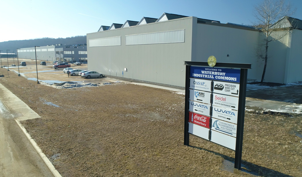 Exterior of buildings in Industrial Commons Manufacturing Center in Waterbury CT