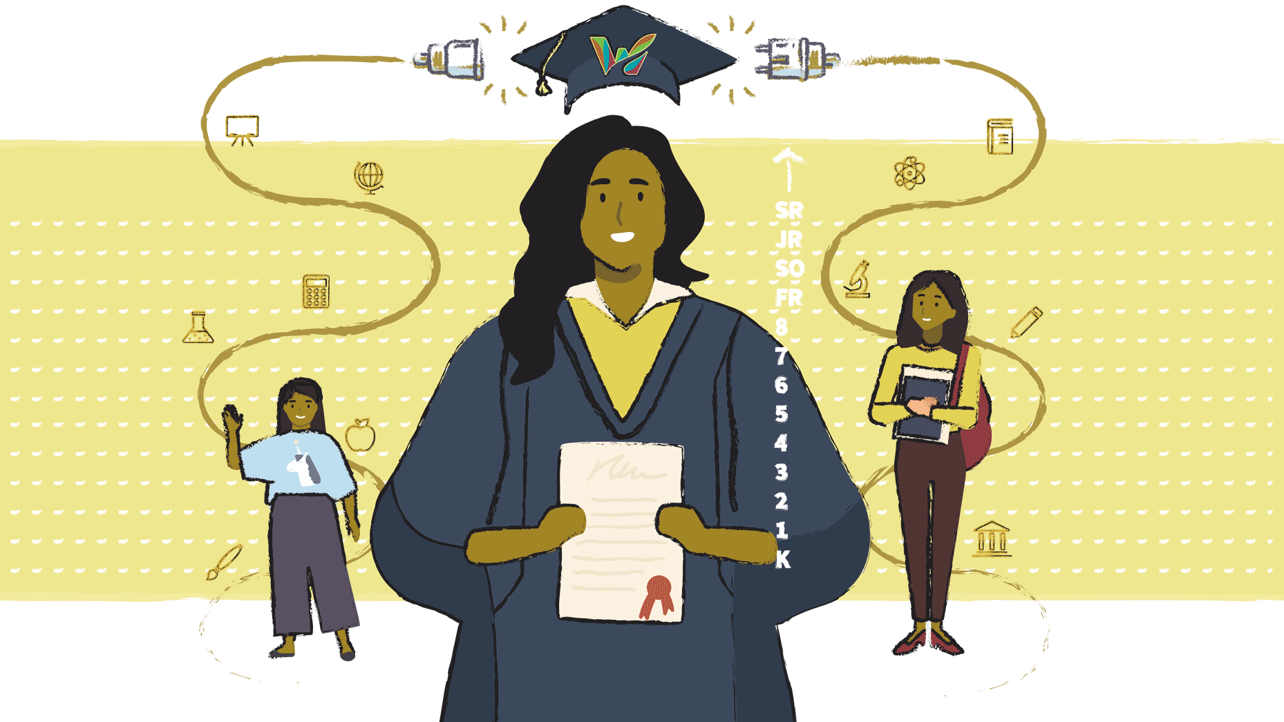 Graphic showing three females including a young student, older student and graduate