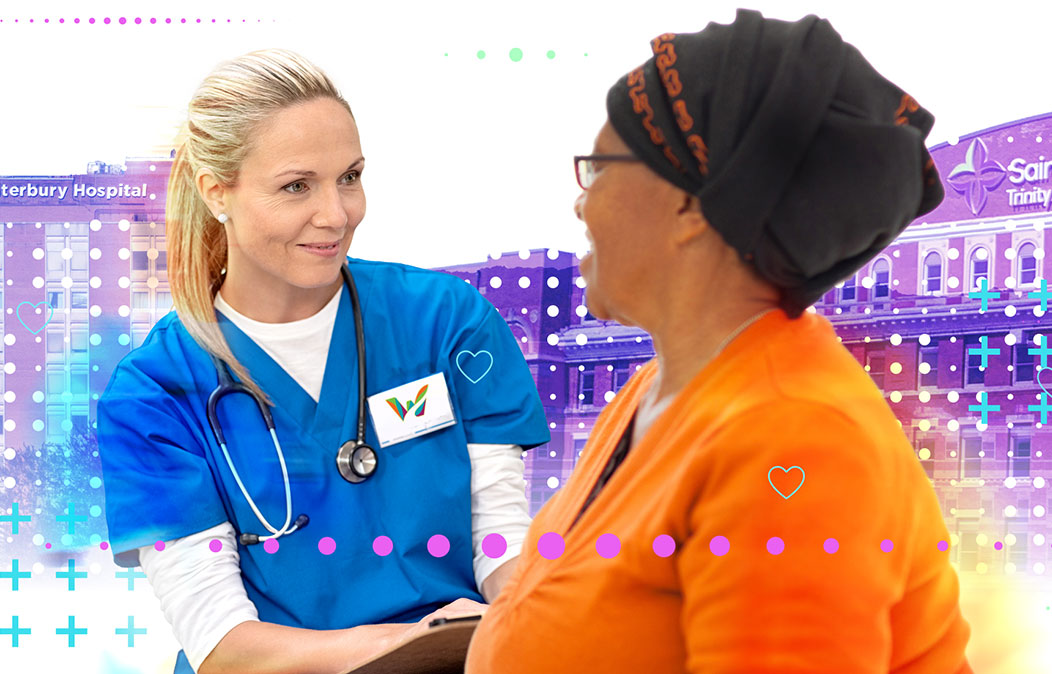 Female healthcare professional helping patient in front of UConn Health Waterbury Hospital and Saint Mary's Hospital buildings