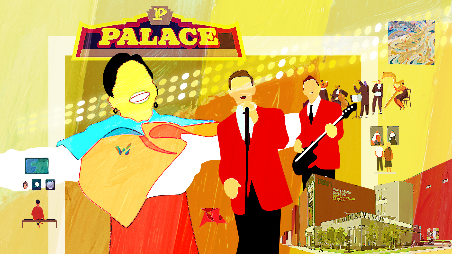 Colorful illustration of musicians, the Palace Theater and Mattatuck Museum in Waterbury CT