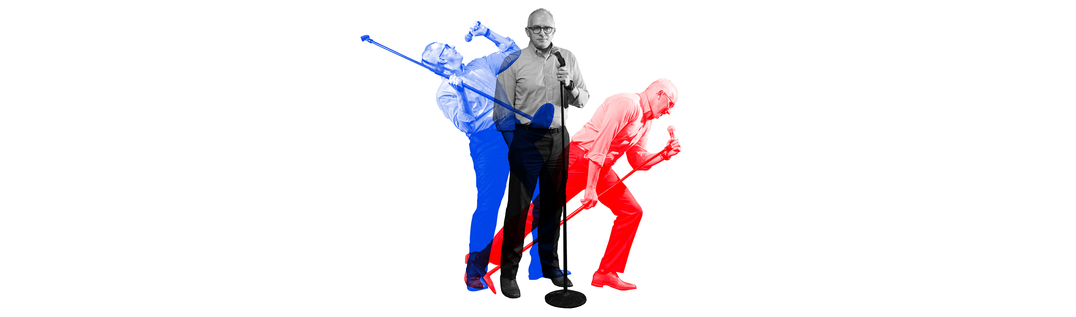 Frank Tavera of The Palace Theater at a microphone stand, overlayed with images of Frank singing