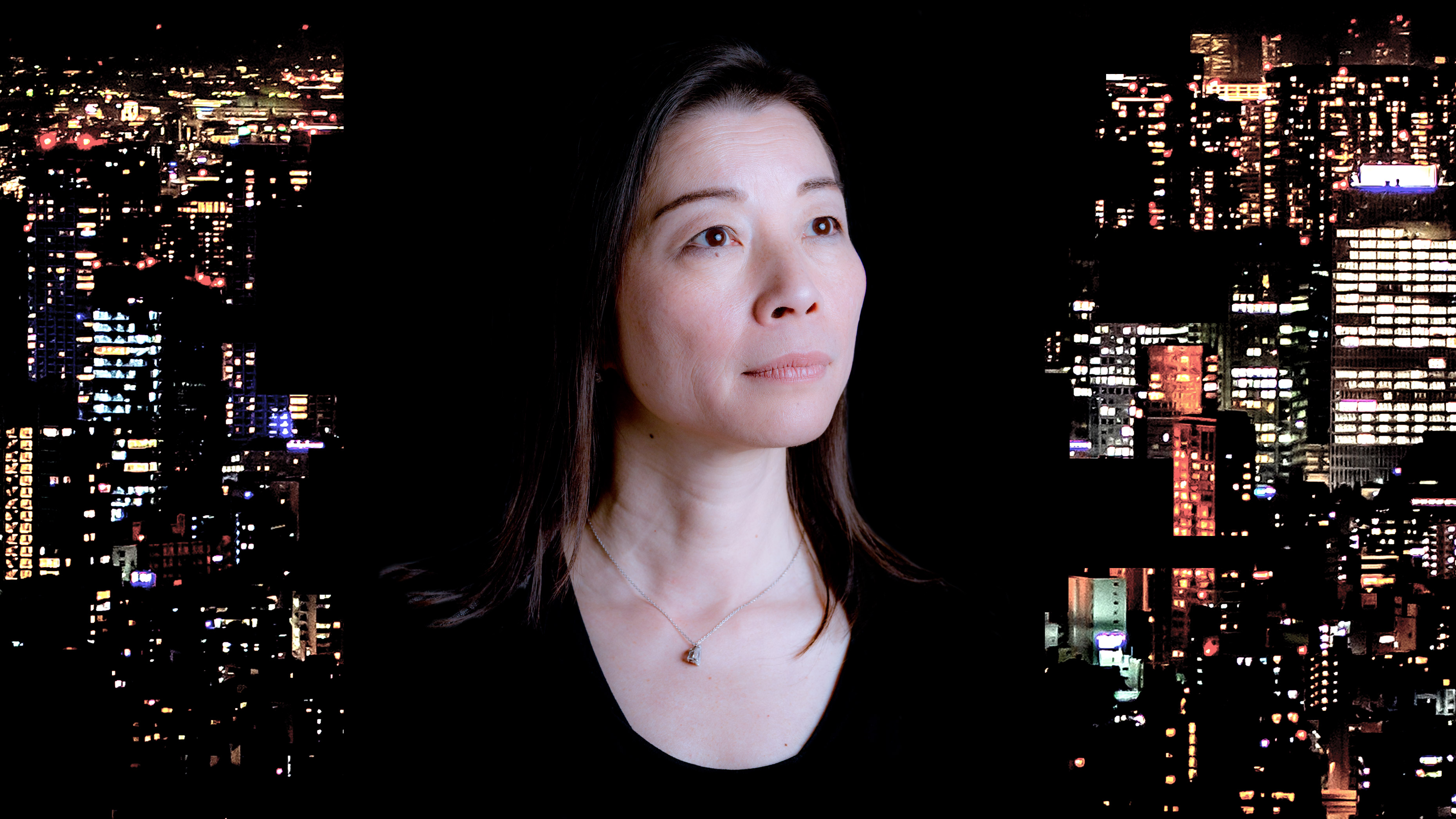 Portrait of UConn Waterbury Director, Dr. Fumiko Hoeft, over her hometown of Tokyo, Japan