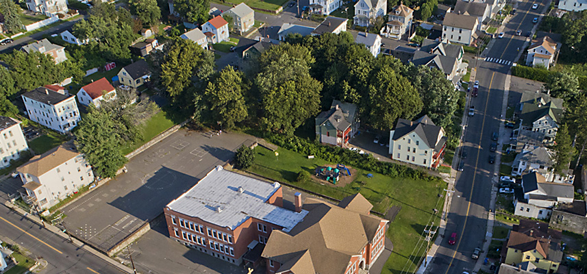 Aerial view of neighborhood properties in Waterbury, Connecticut