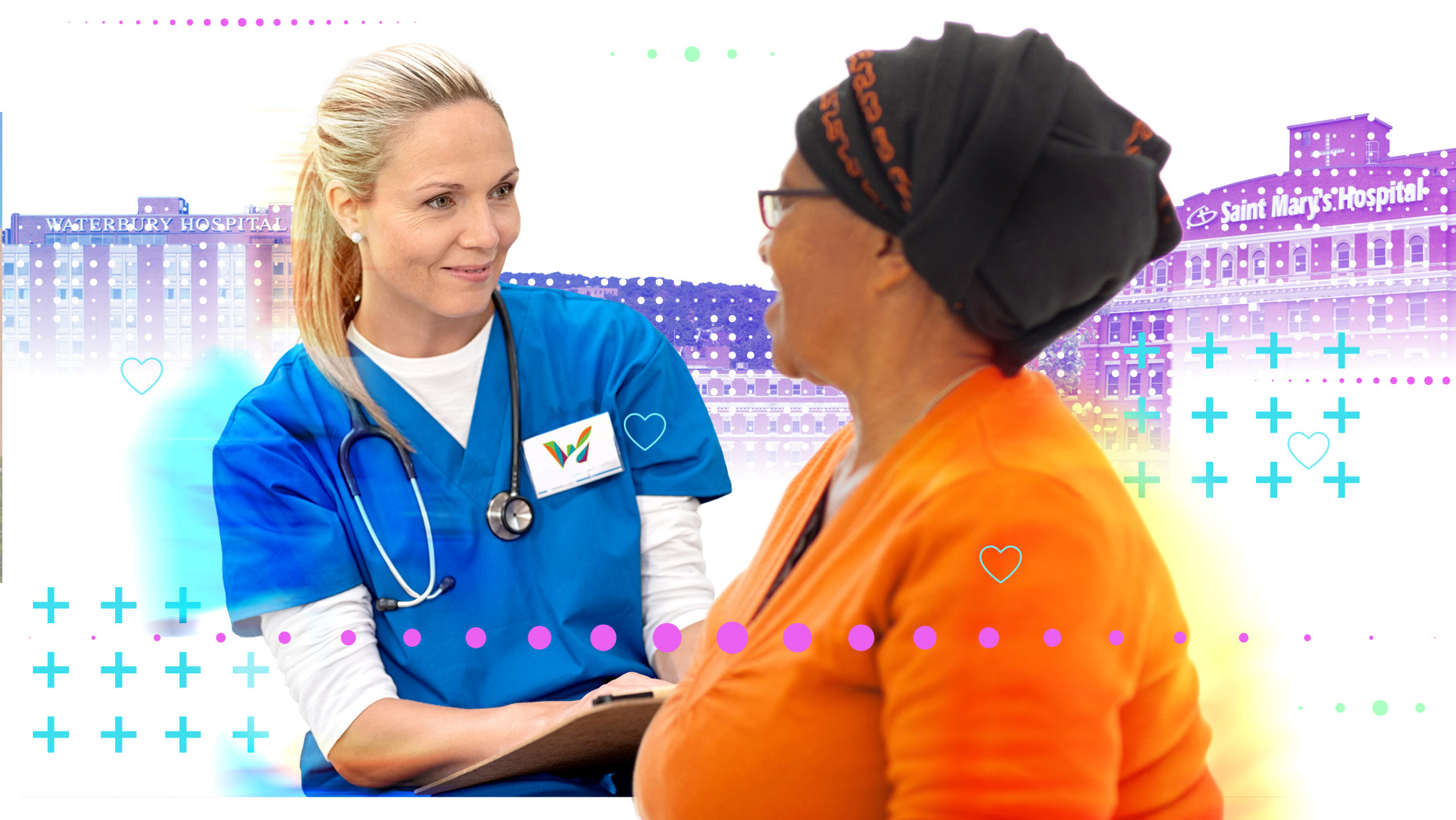 Female healthcare worker wearing a Waterbury badge speaking to a female patient and taking notes