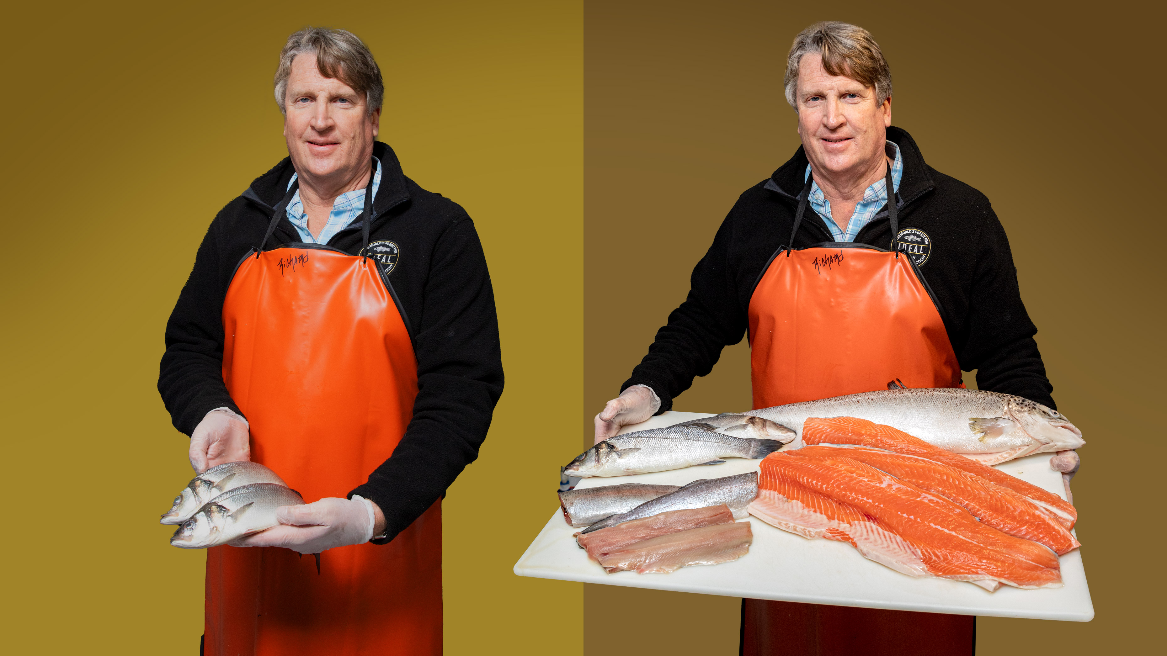 Two images of Ideal Fish CEO Eric Pedersen holding fillets of branzino fish