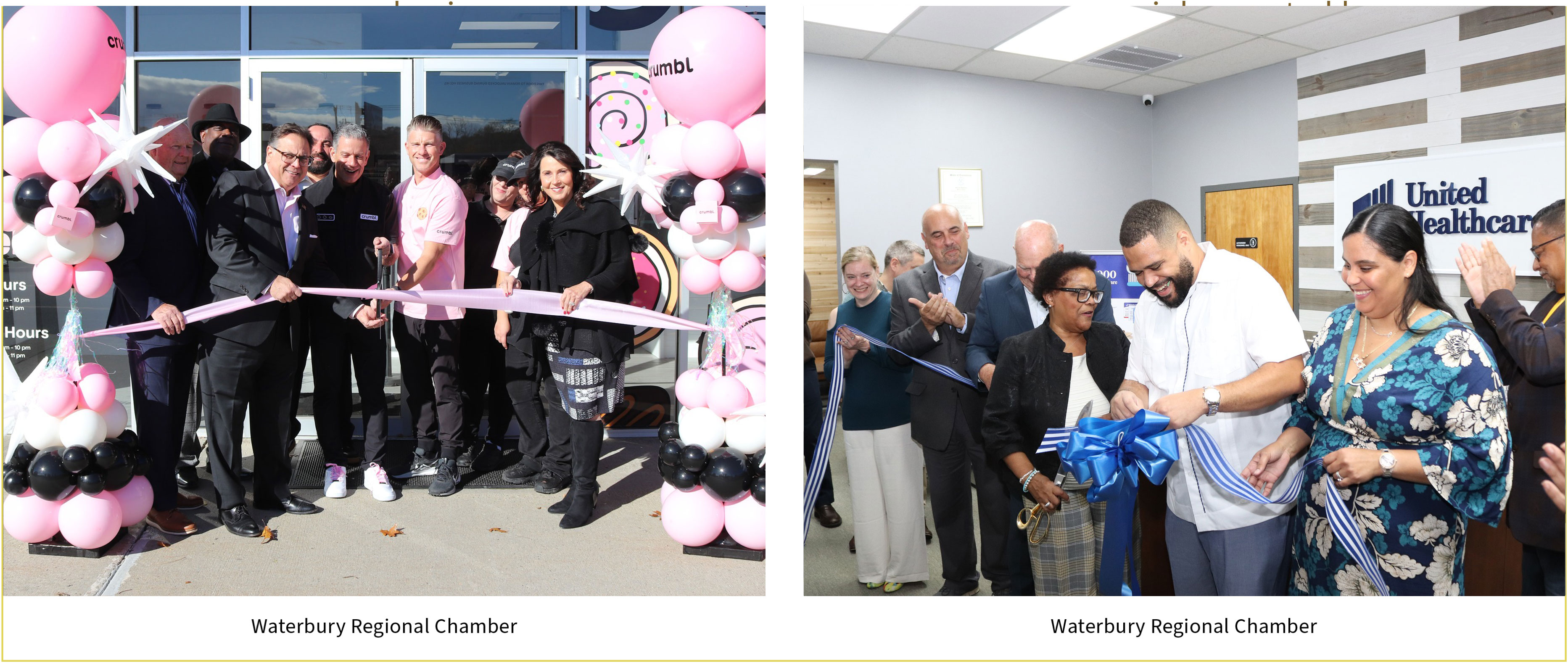 Two-part image of businesses recently opened in Waterbury, CT – including Crumbl and United Healthcare