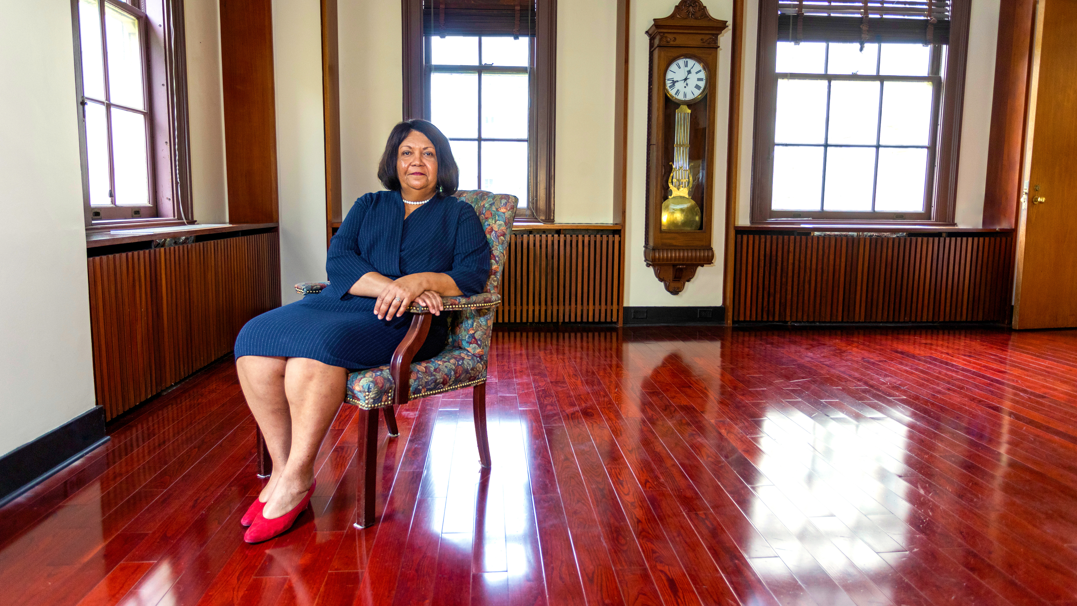 Waterbury CT Public Schools Superintendent Verna Ruffin sitting in a chair in her office 