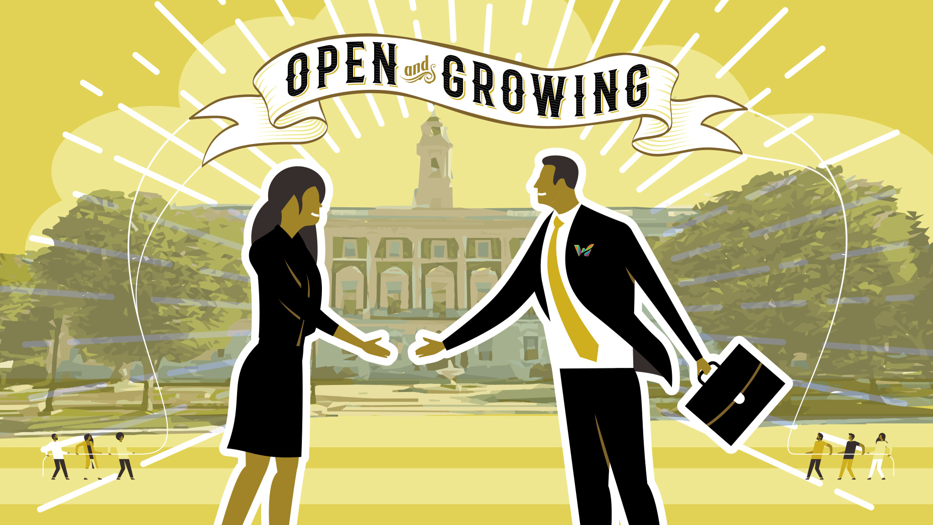 Graphic of a man and woman shaking hands in front of the Waterbury CT City Hall building below Open and Growing message