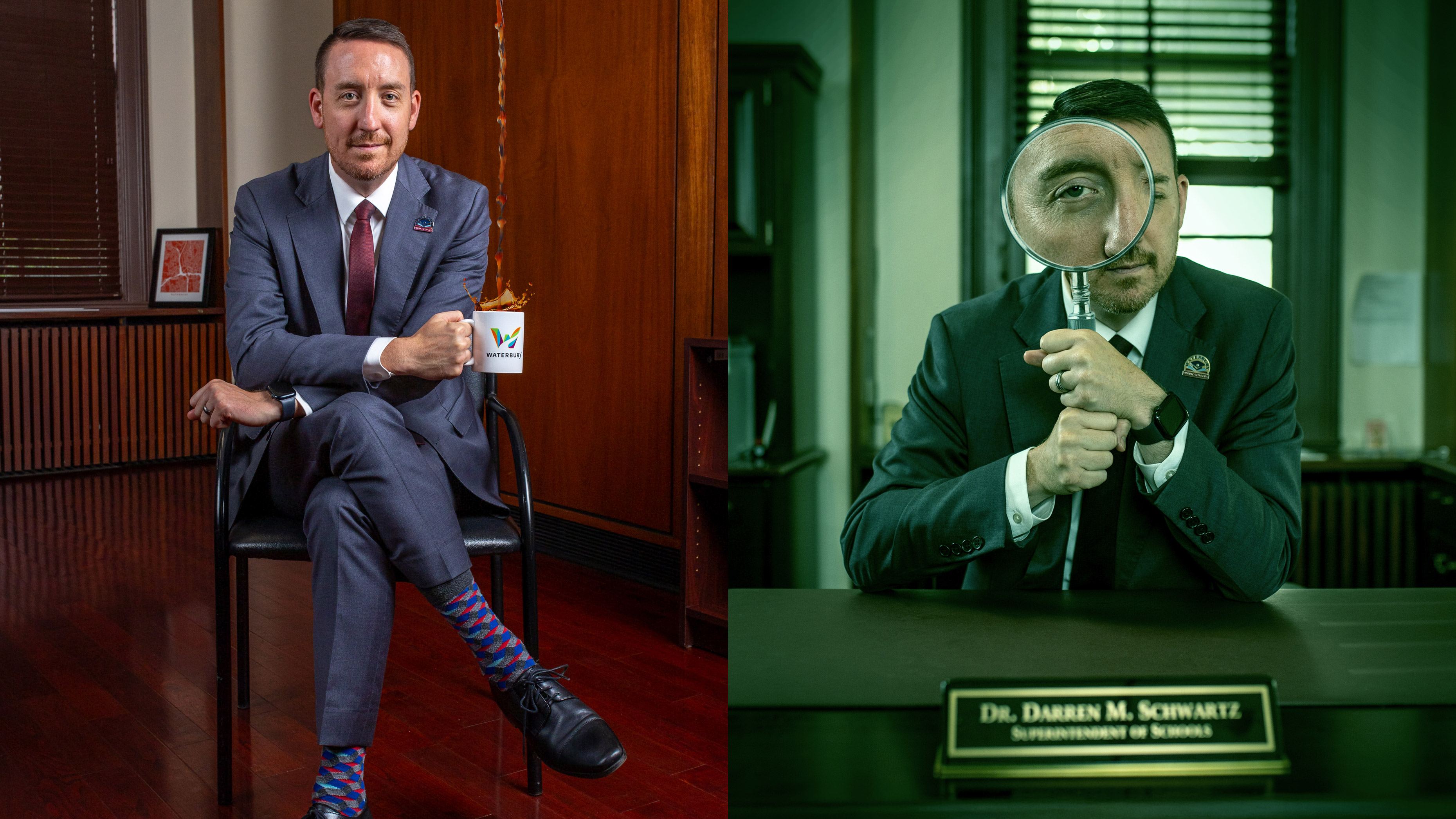 Photo collage of Waterbury, CT Superintendent Darren Schwartz