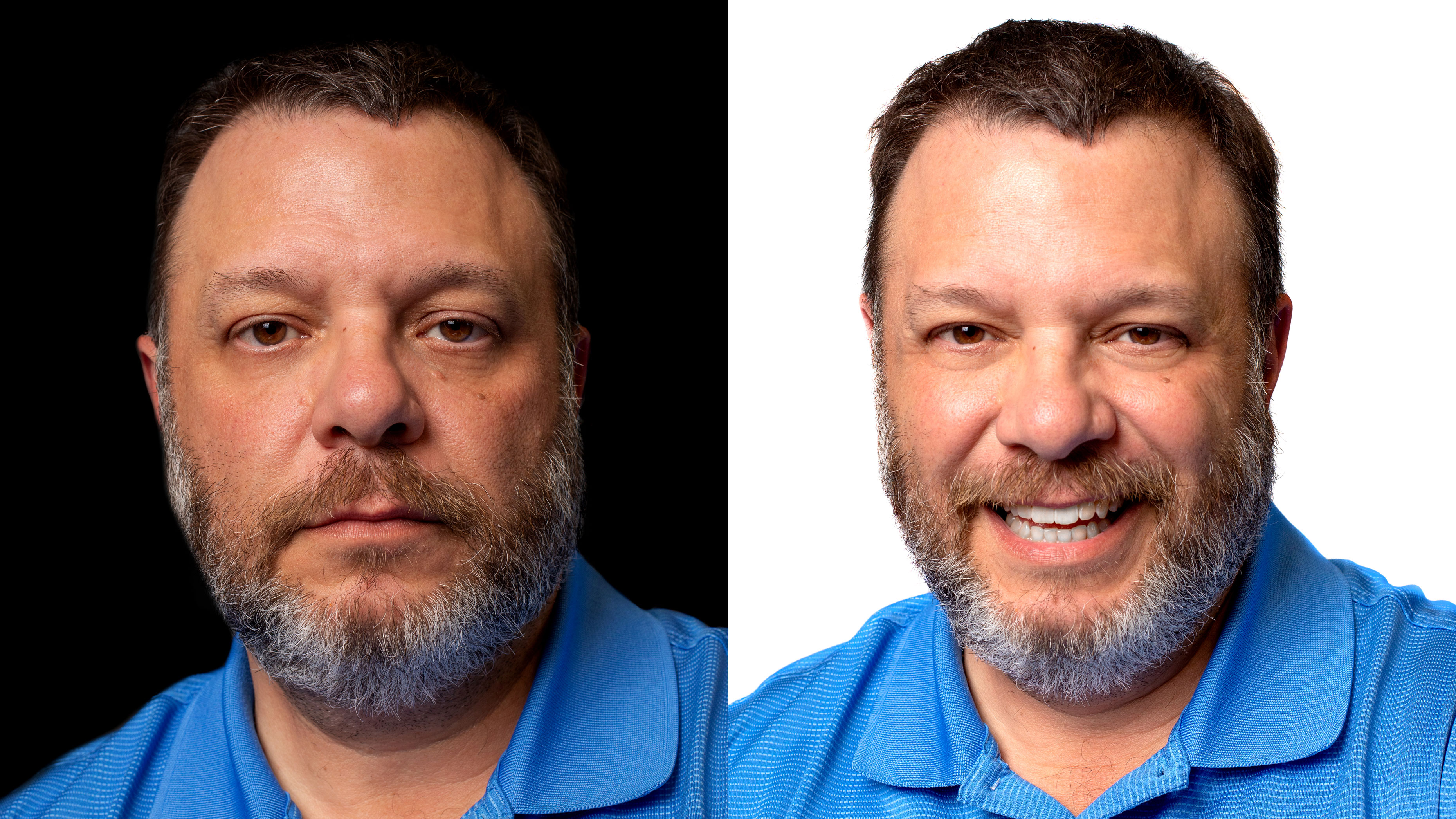 Two headshots of Frank Monteiro of Waterbury, left headshot with serious expression and right headshot smiling