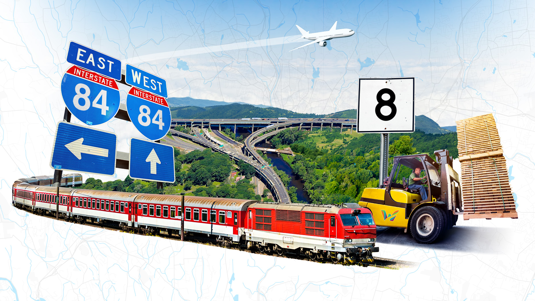 Graphic of a train, forklift, airplane taking off, the Mixmaster highway area and signs for I-84 and Route 8