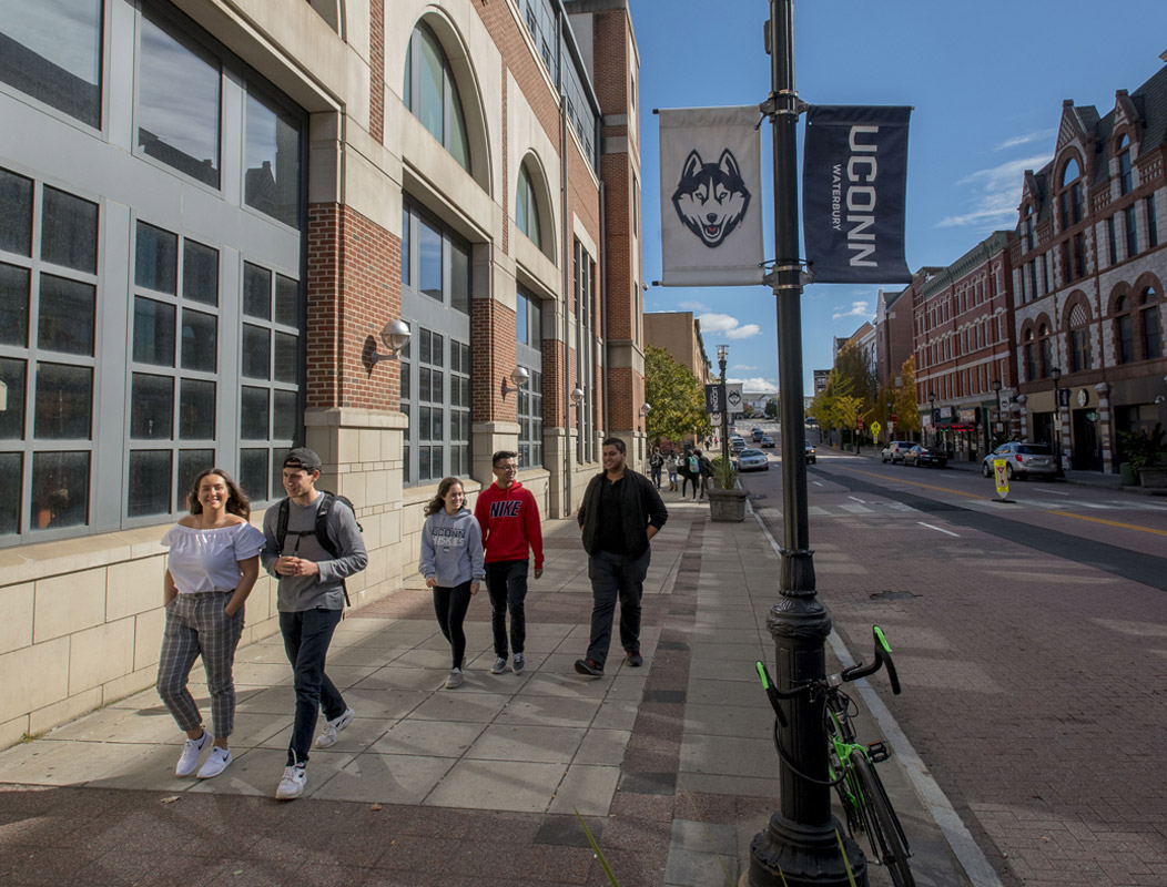Students walking outside the UConn Waterbury downtown campus
