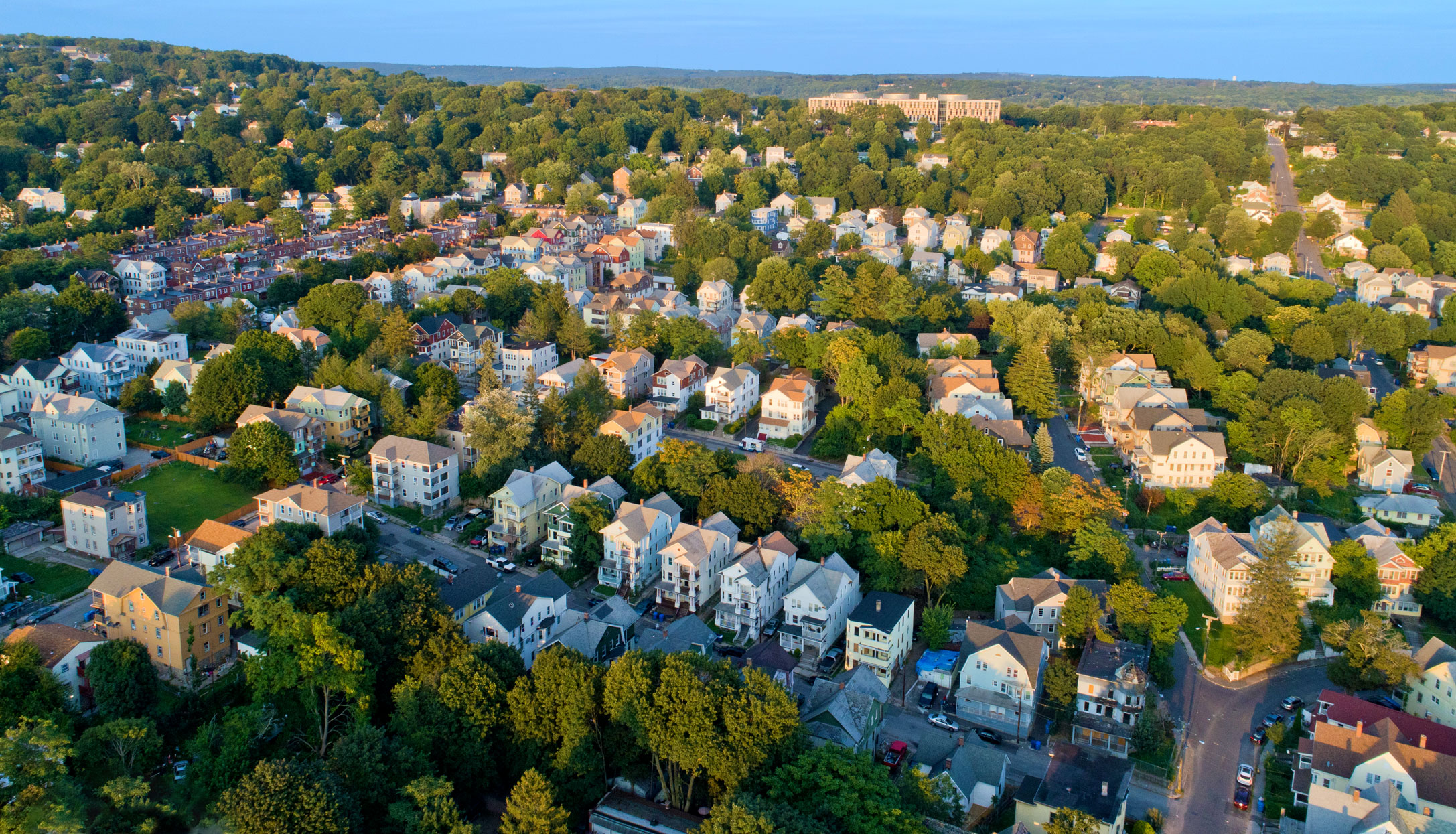 An aerial view of houses and streets in the Walnut Orange Walsh neighborhood in Waterbury
