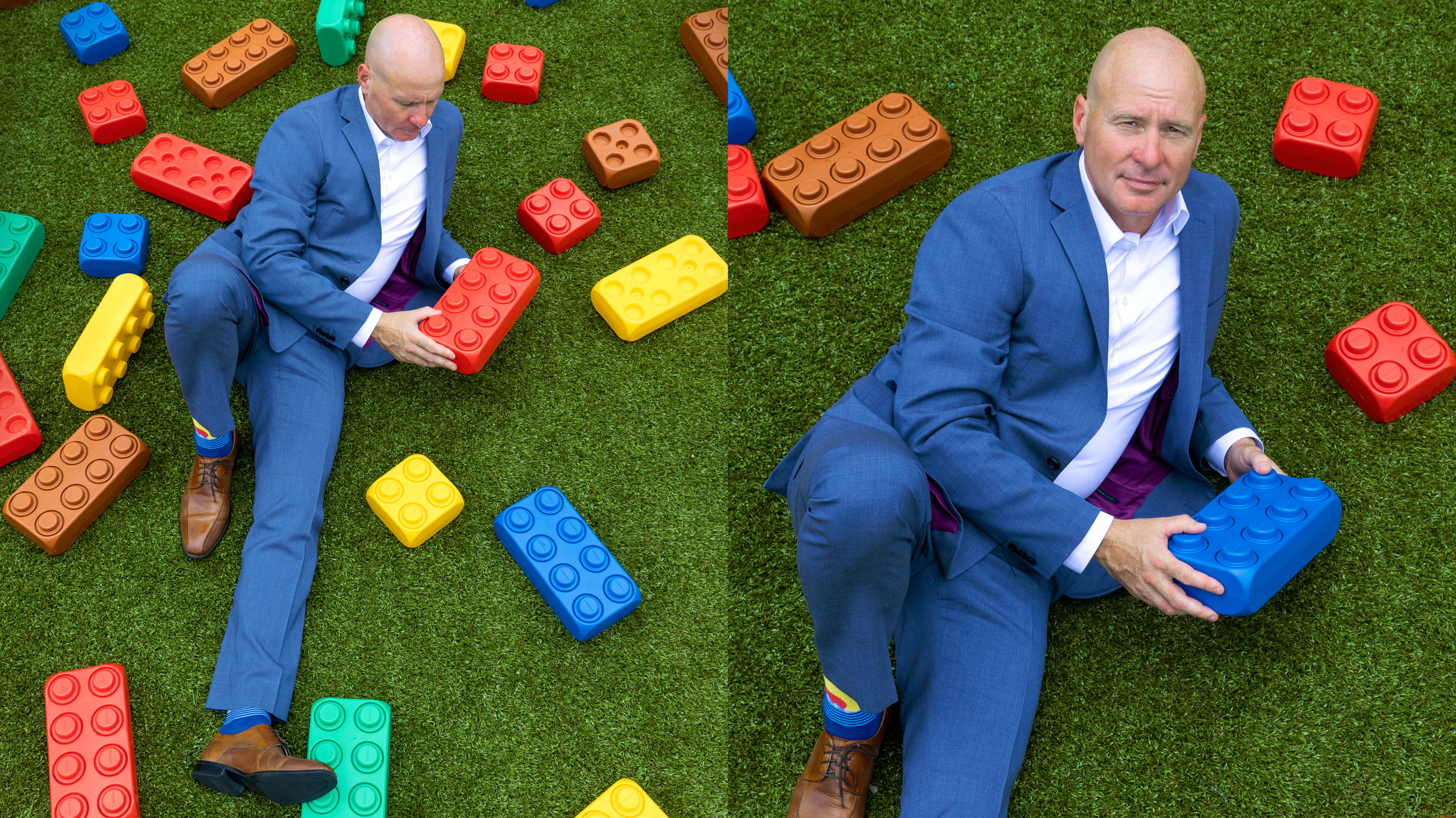 Two-part image showing Greater Waterbury YMCA CEO Jim O'Rourke with playground blocks