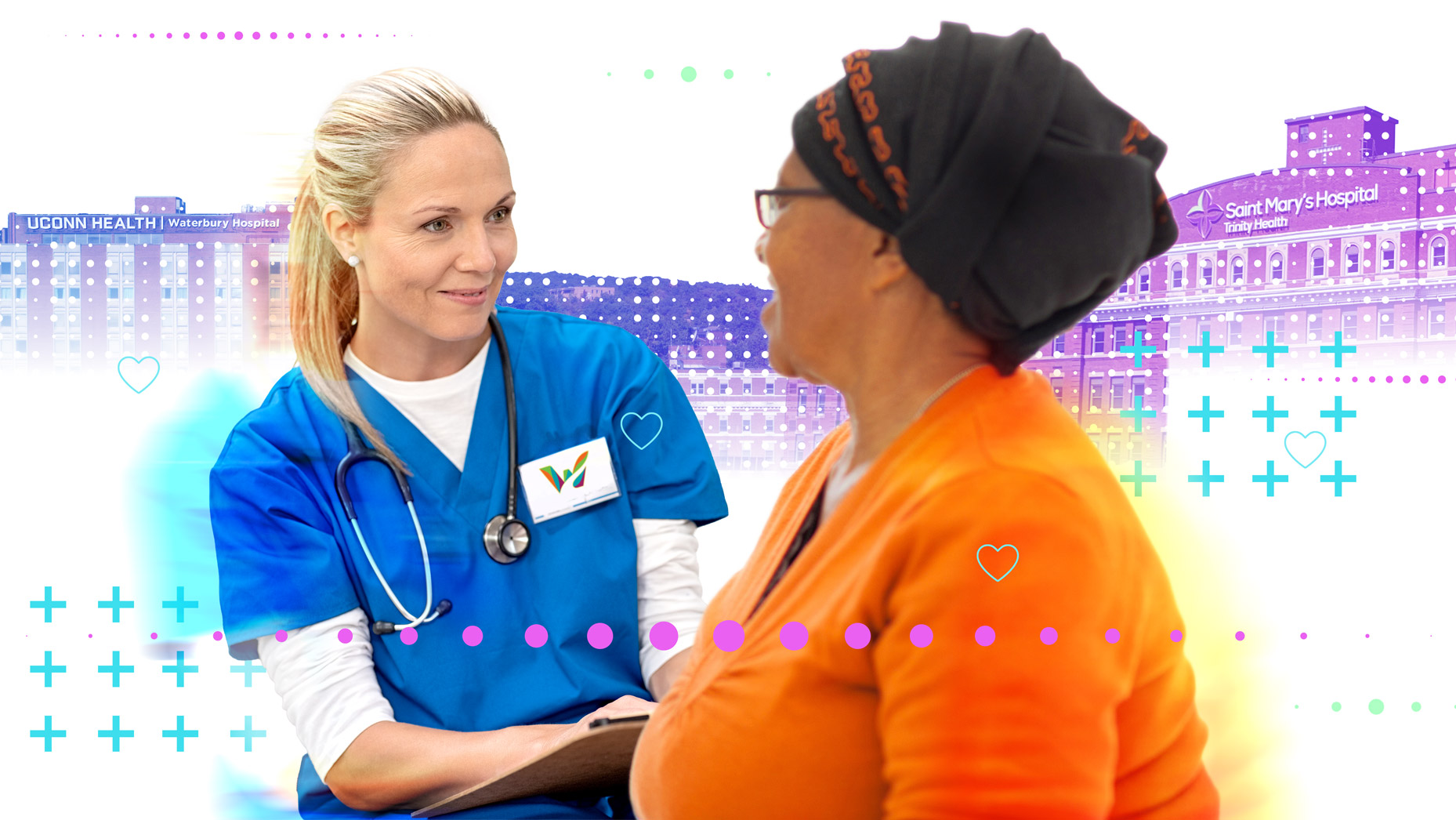 Healthcare professional wearing a Waterbury badge consulting with patient, flanked by facades of UConn Health Waterbury Hospital and Saint Mary's Hospital