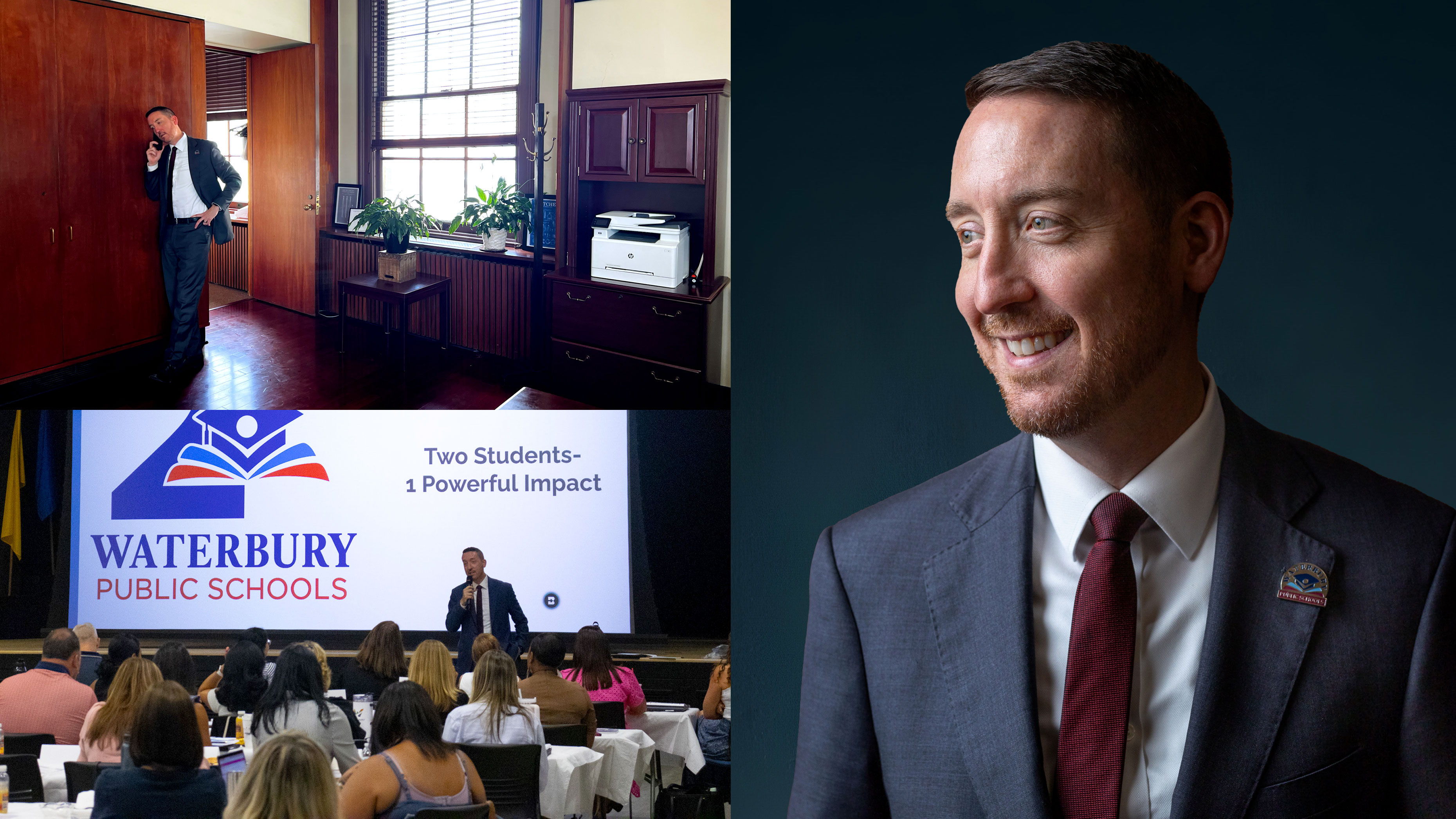 Three-part image of Waterbury, CT Superintendent Darren Schwartz