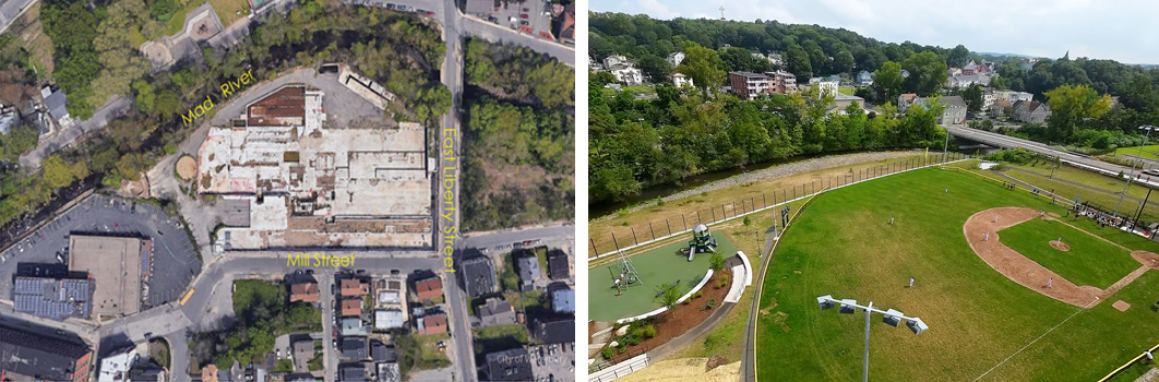 Before and after image of the Nova Die & Print Corporation – a Waterbury, CT brownfield property that has been rejuvenated as George Tirado Park 