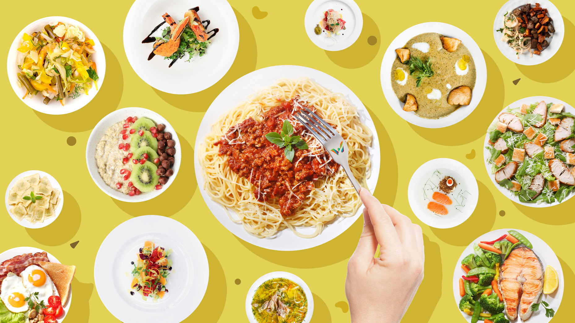 Hand holding a fork over various plates of food including pasta, fruit, fish and salad