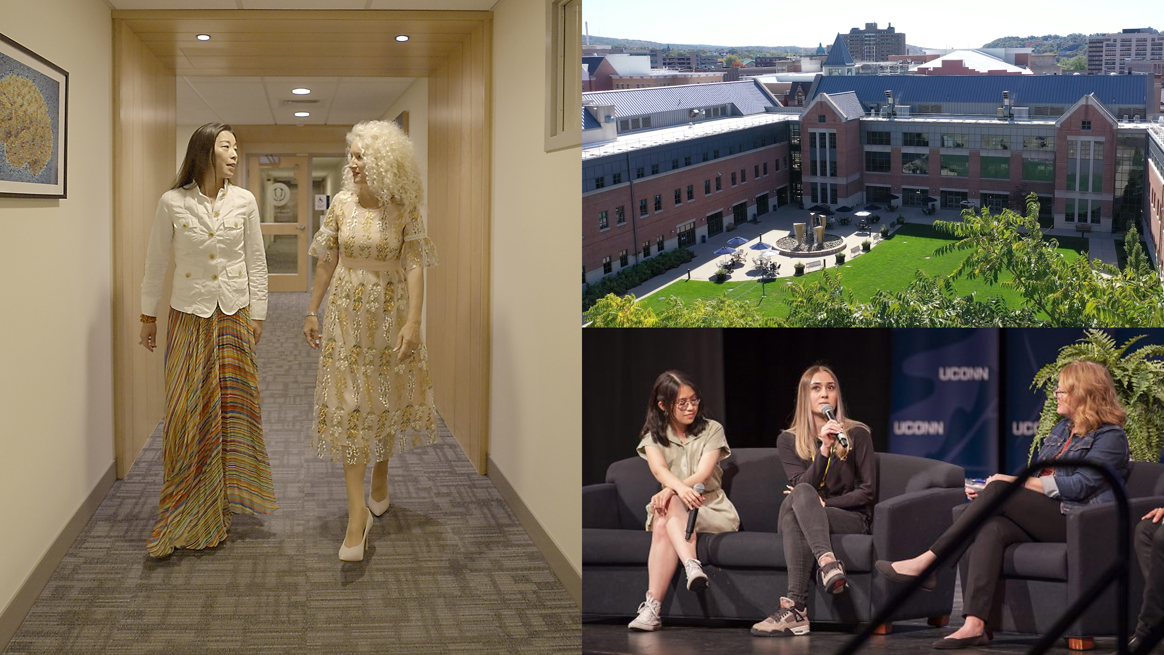 Collage of images showing Fumiko Hoeft and Radenka Maric; The campus of UConn Waterbury; The WISH Fest at UConn Waterbury