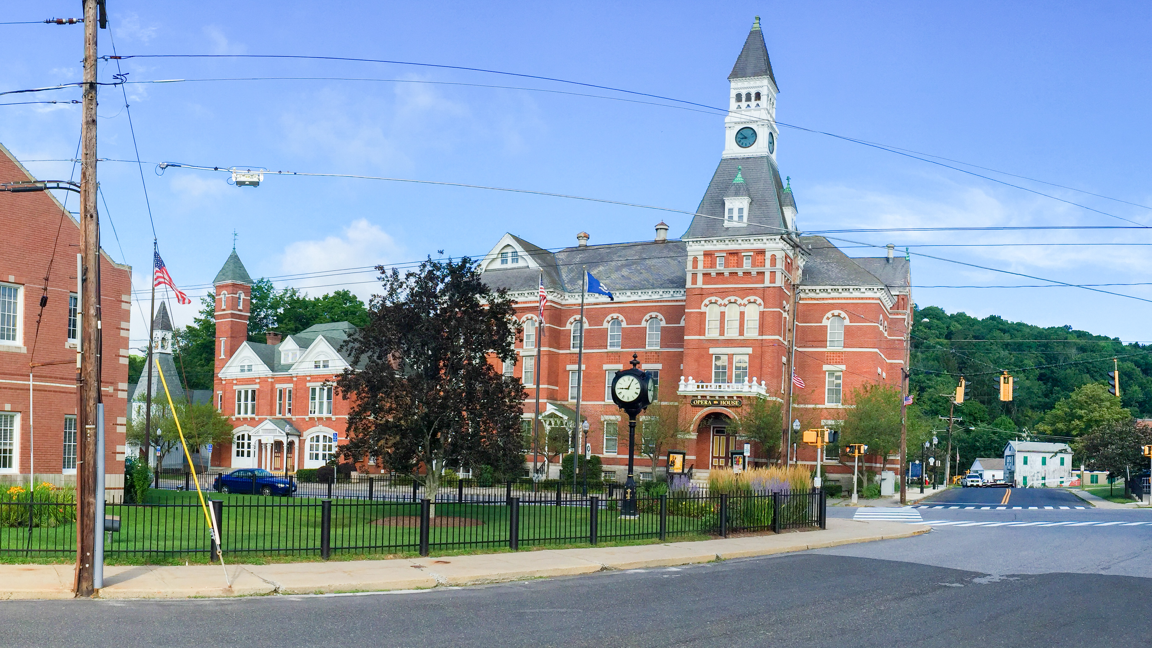 Main Street area in Thomaston, CT, with the Thomaston Opera House in center frame