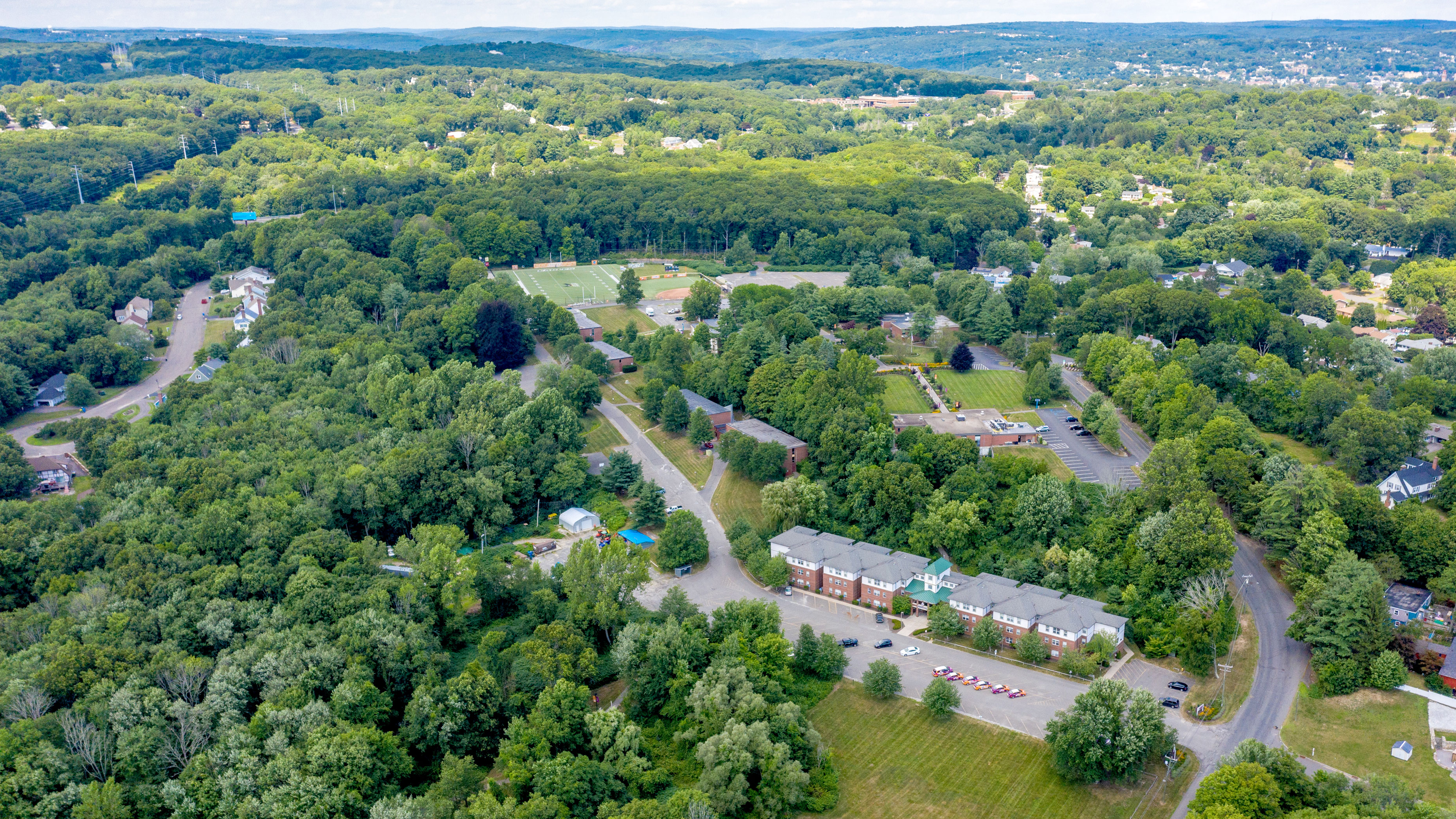 Overhead view of the Post University Campus in Waterbury CT