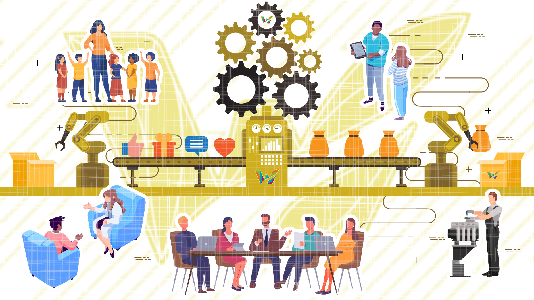 Graphic of a conveyor belt and gears surrounded by professionals from various industries