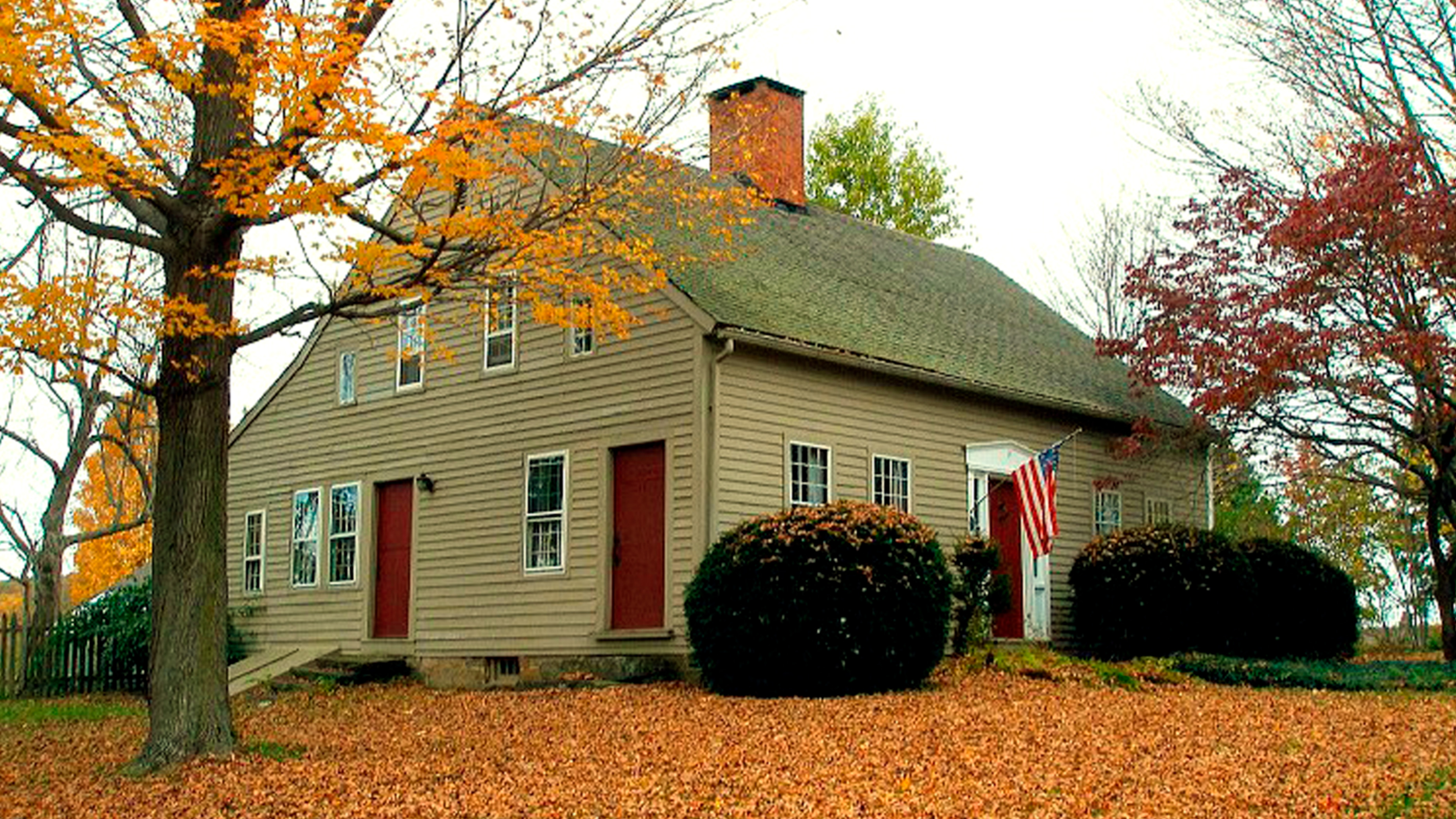 Leaves on the front lawn of the Roderick Bryan House in Watertown, CT