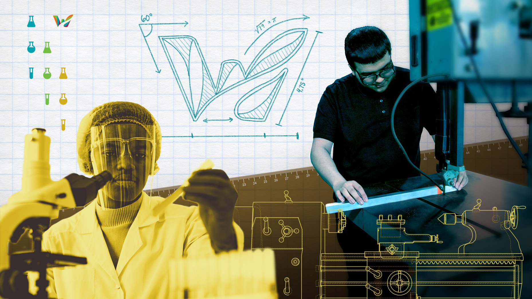 Photo of two people using science equipment and manufacturing machinery with a mathematical drawing of Waterbury logo