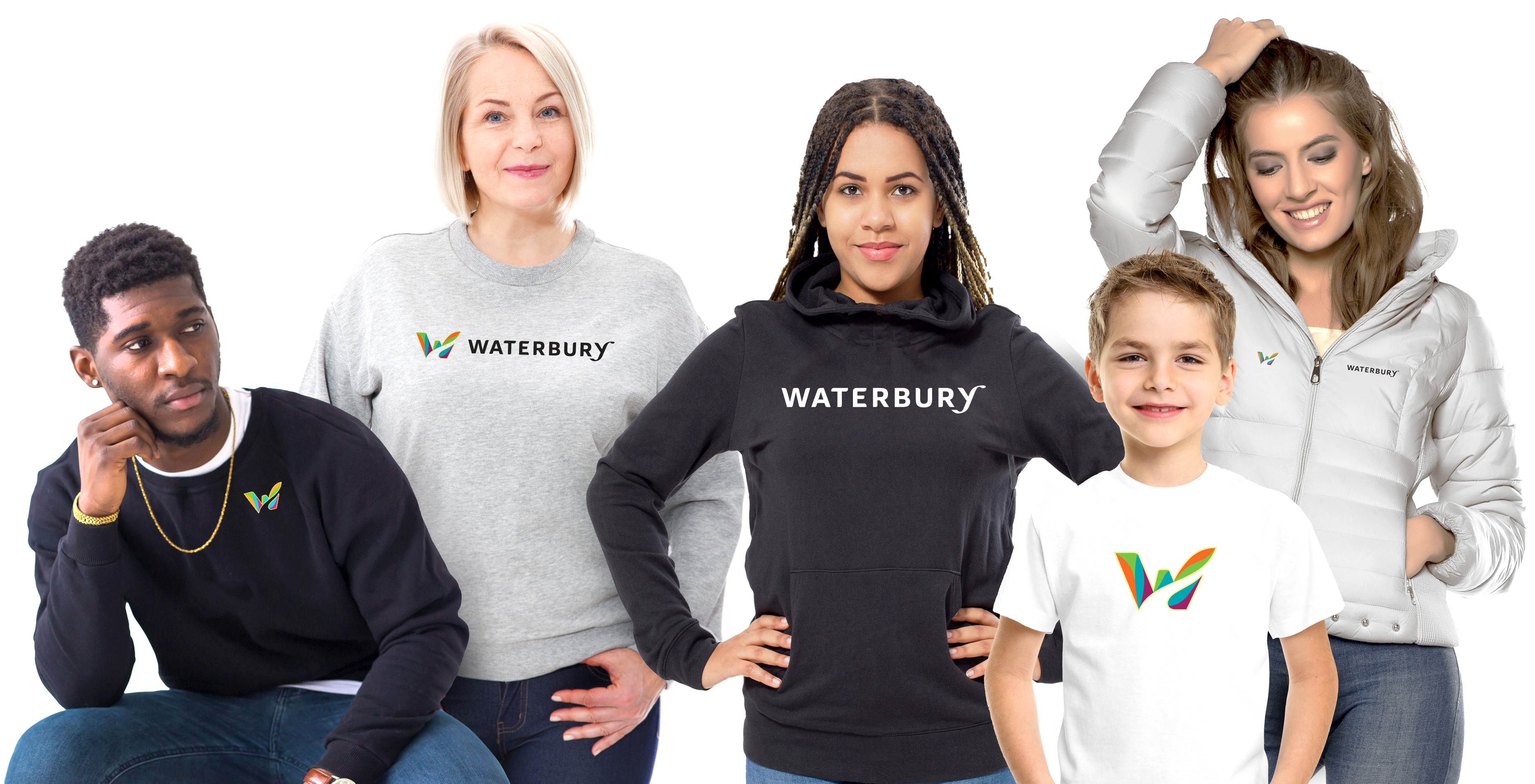 People of all ages wearing Official Waterbury CT brand merchandise and apparel