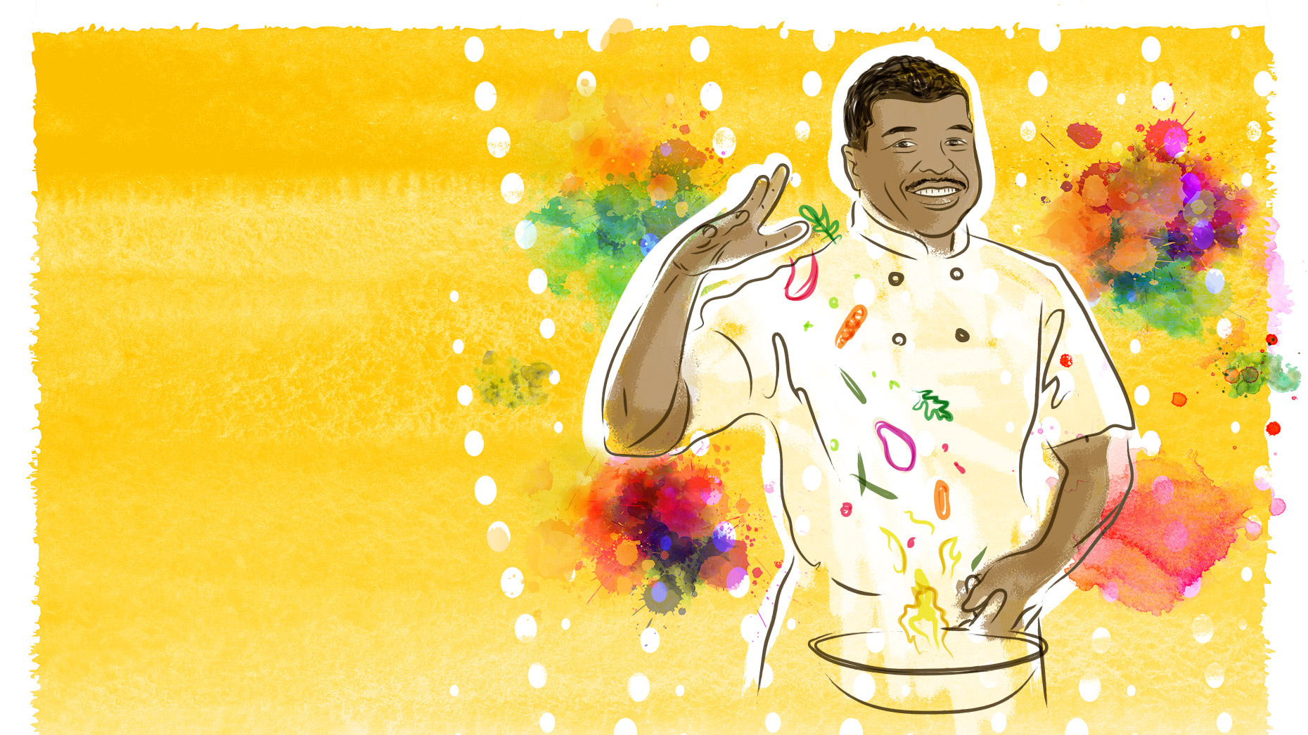 Digital illustration with Michone Arrington throwing food ingredients into a pan