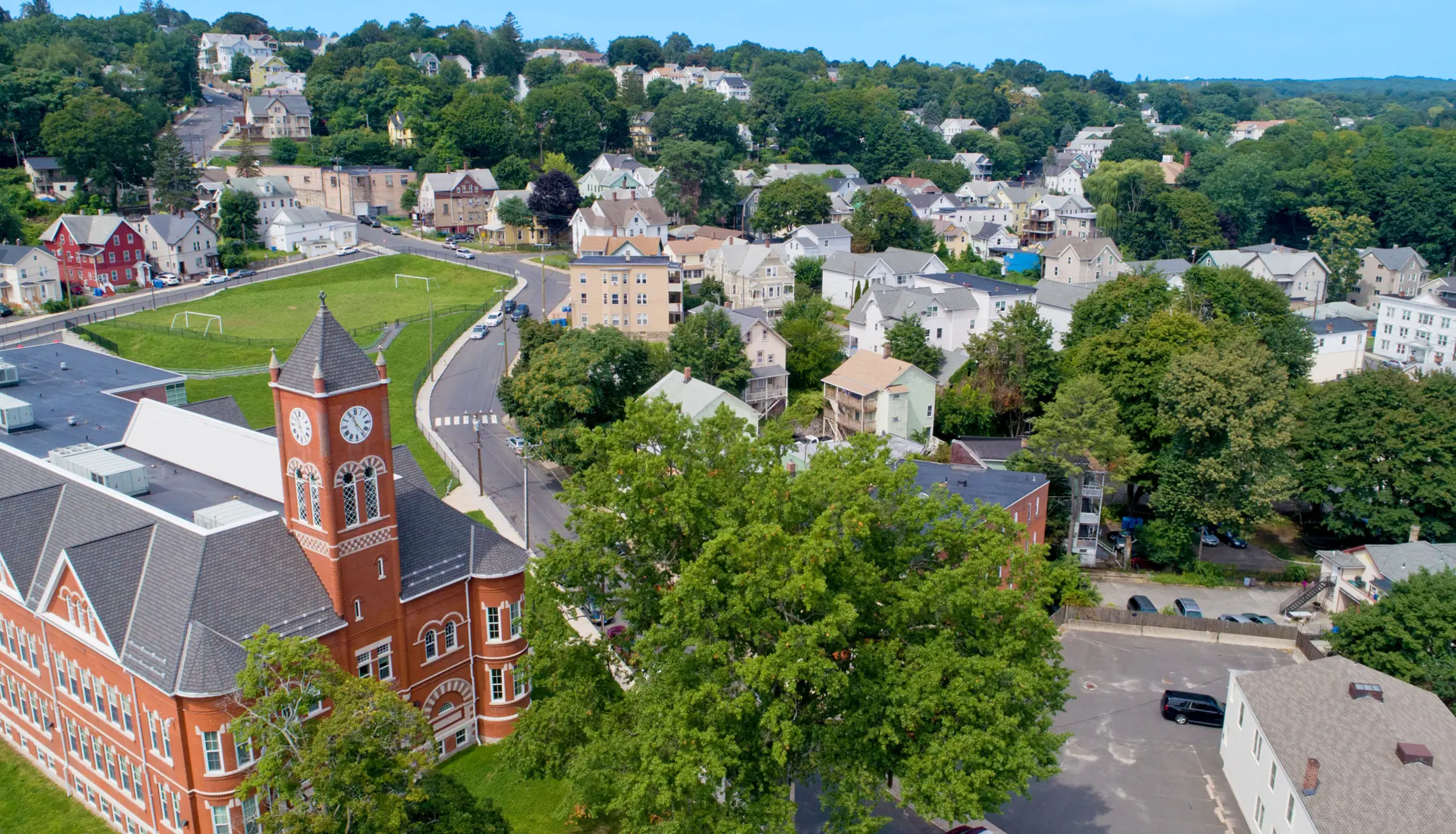 An aerial view of houses and streets in the Brooklyn neighborhood in Waterbury