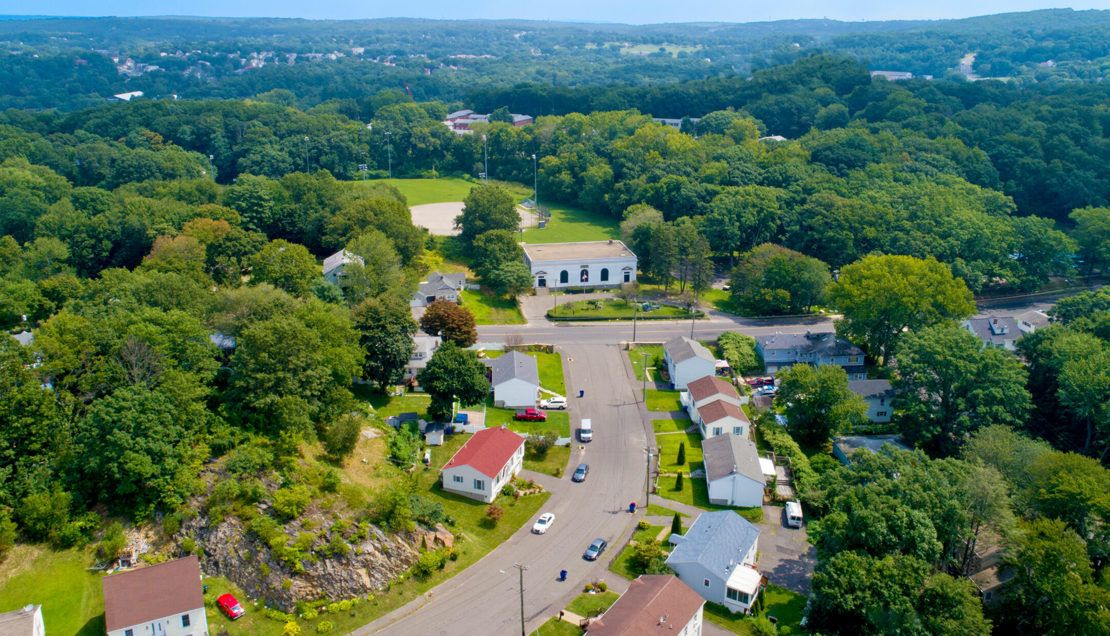 An aerial view of houses and streets in the Washington Park neighborhood in Waterbury