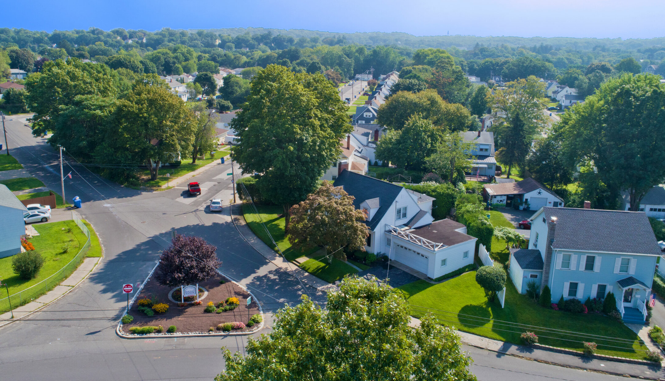 An aerial view of houses and streets in the Bouley Manor neighborhood in Waterbury 