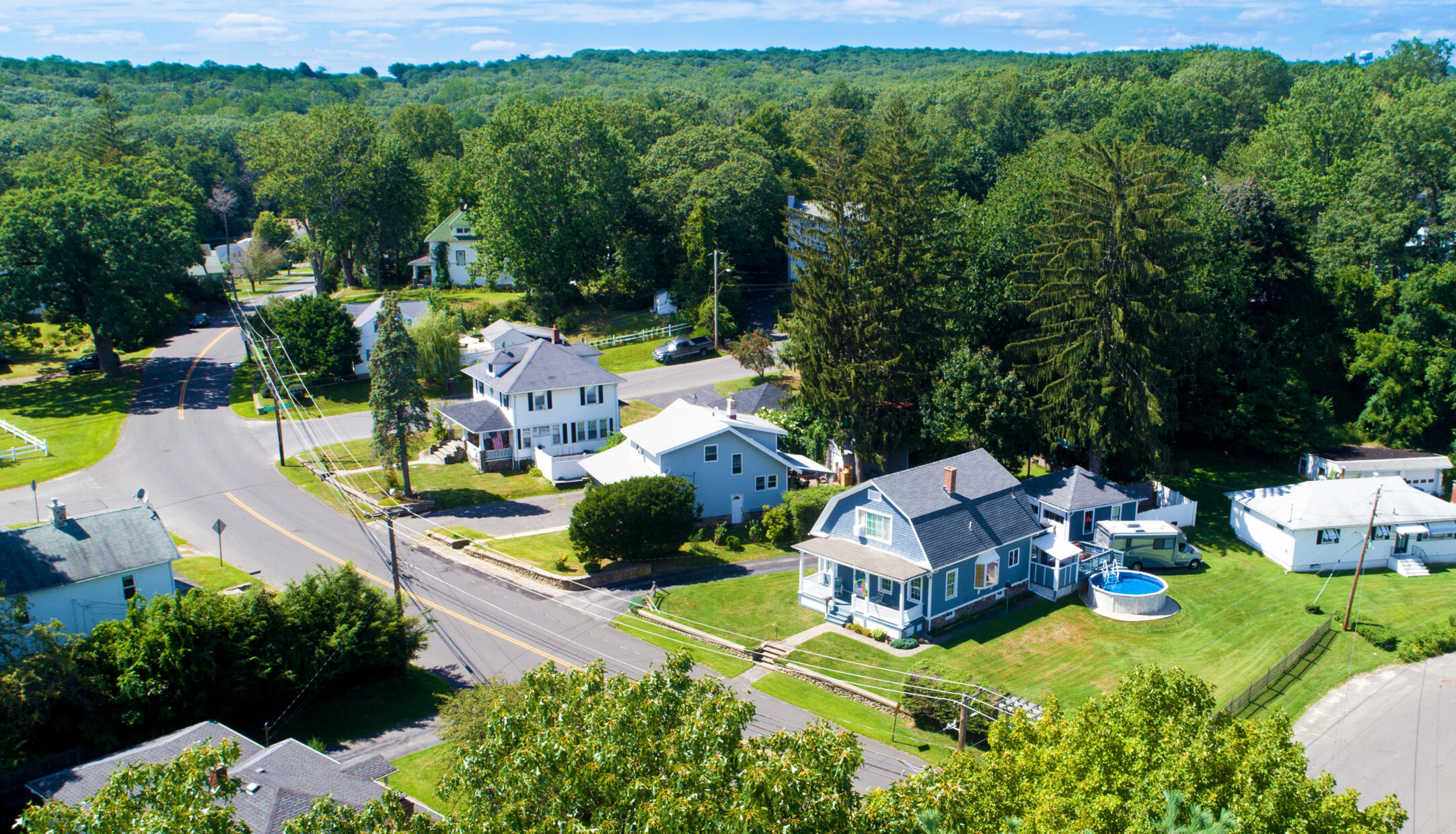 An aerial view of houses and streets in the Western Hills neighborhood in Waterbury