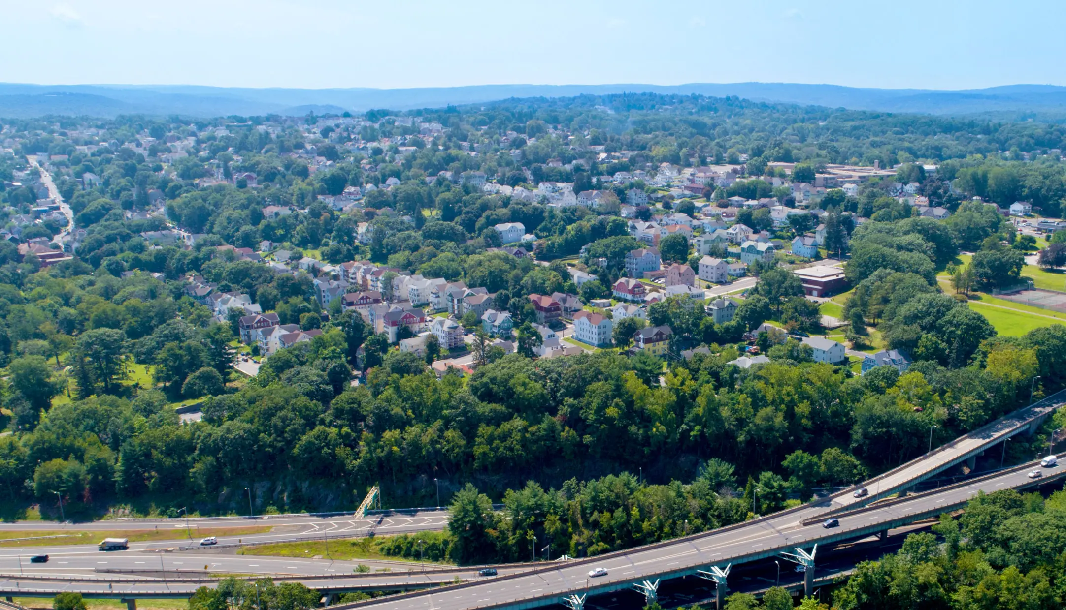 An aerial view of houses and streets in the Town Plot neighborhood in Waterbury