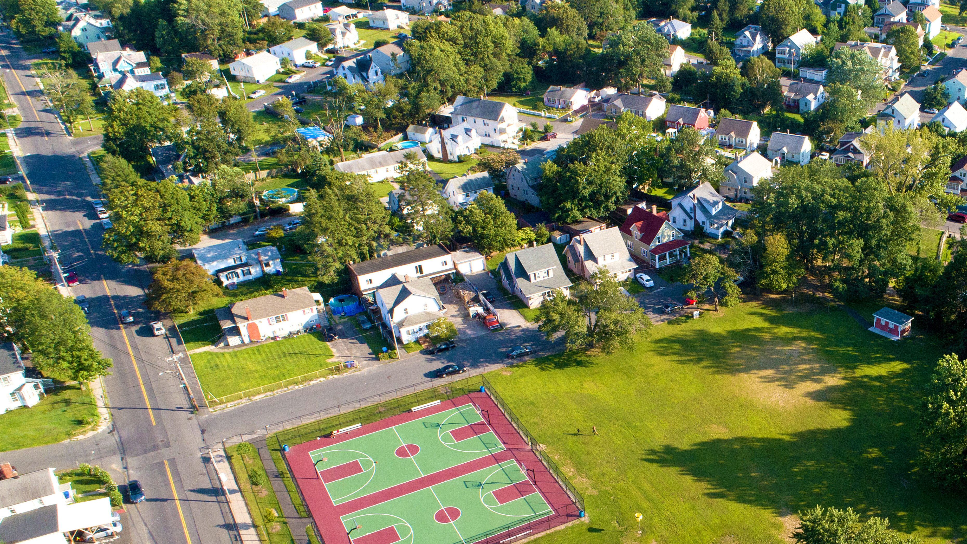 Aerial view of the suburbs and city of Waterbury, CT