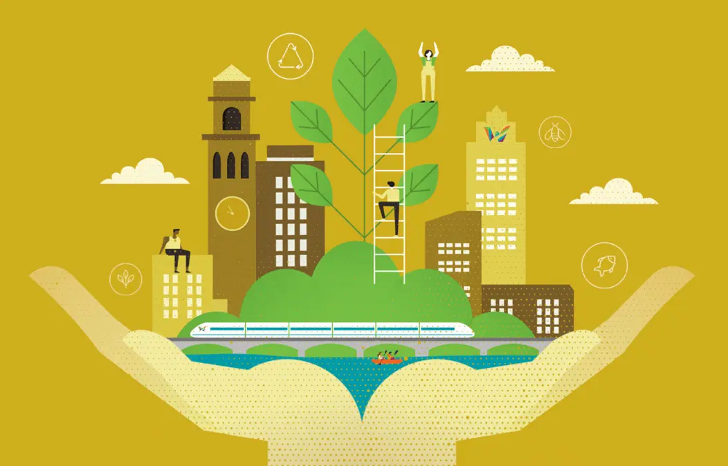 Graphic of two hands holding a growing city, large tree and waterway