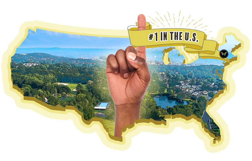 Collage with pointer finger raised on a hand and a ribbon naming Waterbury the Most Affordable Suburb with a City Feel in the United States