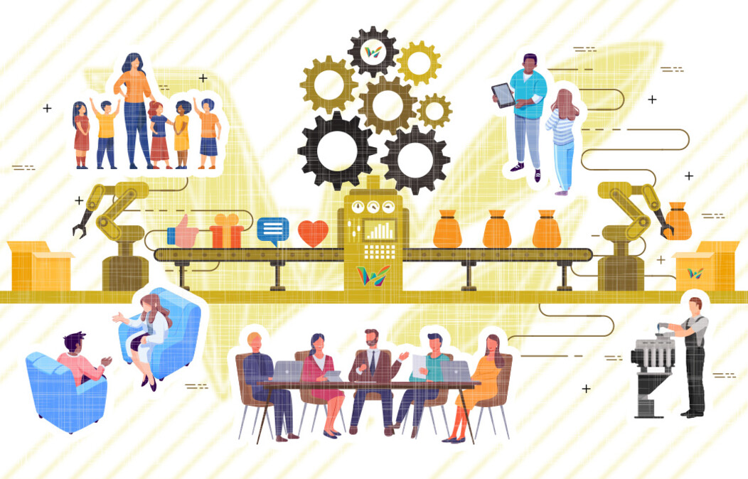 Graphic of a conveyor belt and gears surrounded by professionals from various industries