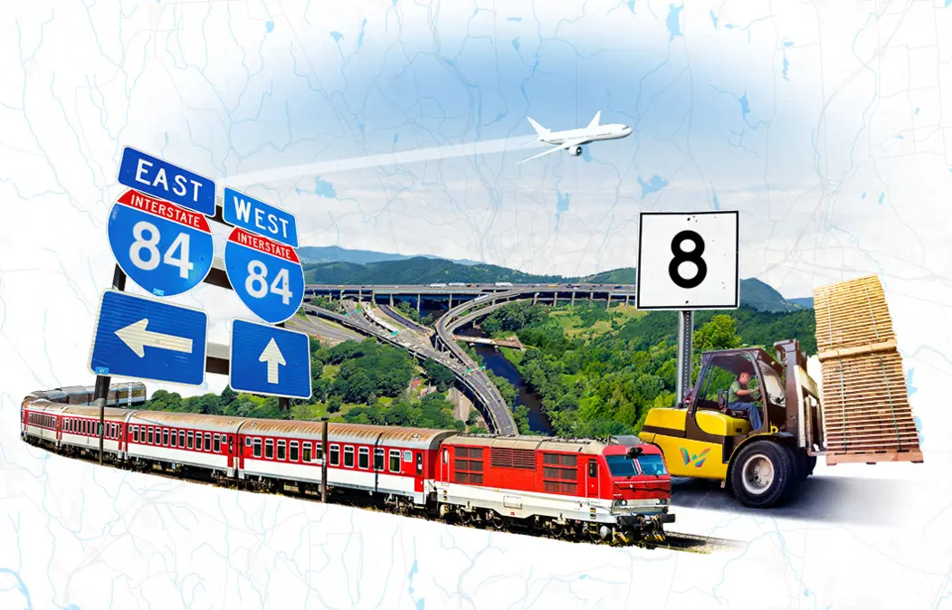 Graphic of a train, forklift, airplane taking off, the Mixmaster highway area and signs for I-84 and Route 8