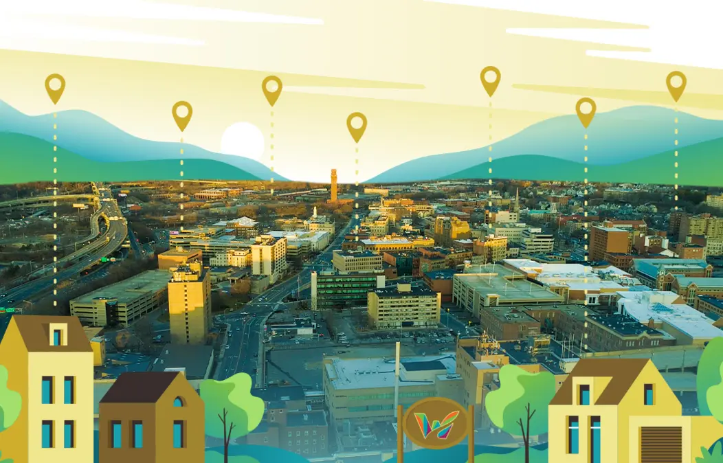Map pins hovering over available real estate in Waterbury, Connecticut.