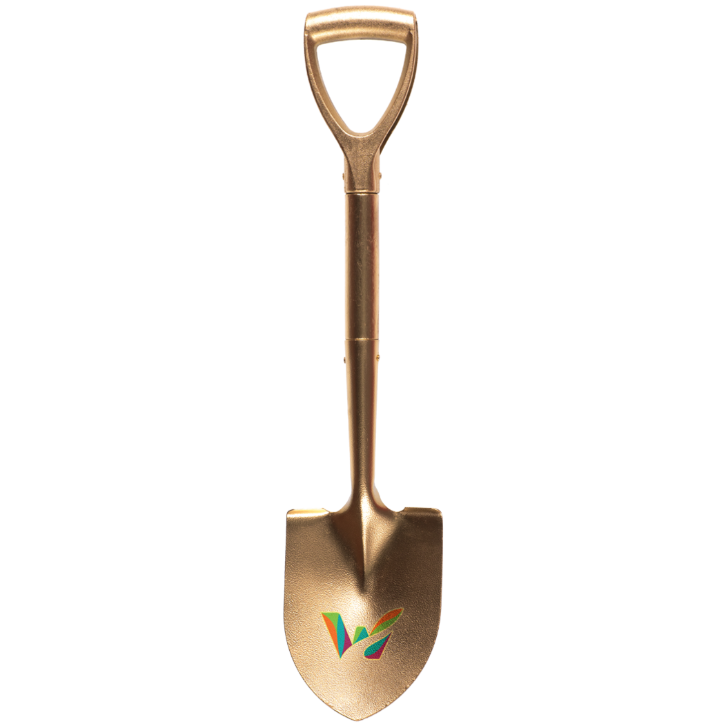 A brass shovel with the Waterbury, CT logo on the front