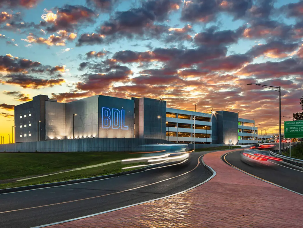 Facade of Bradley International Airport near Waterbury, CT