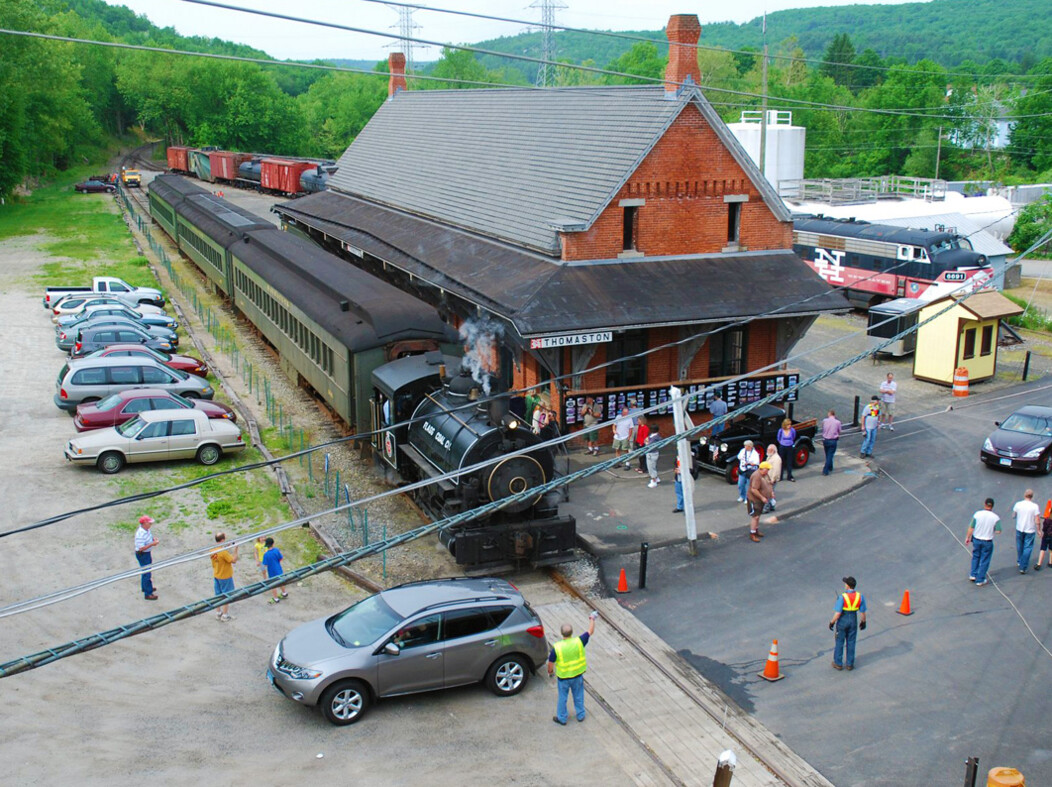 Aerial view of visitors to the New England Railroad Museum in Thomaston, CT