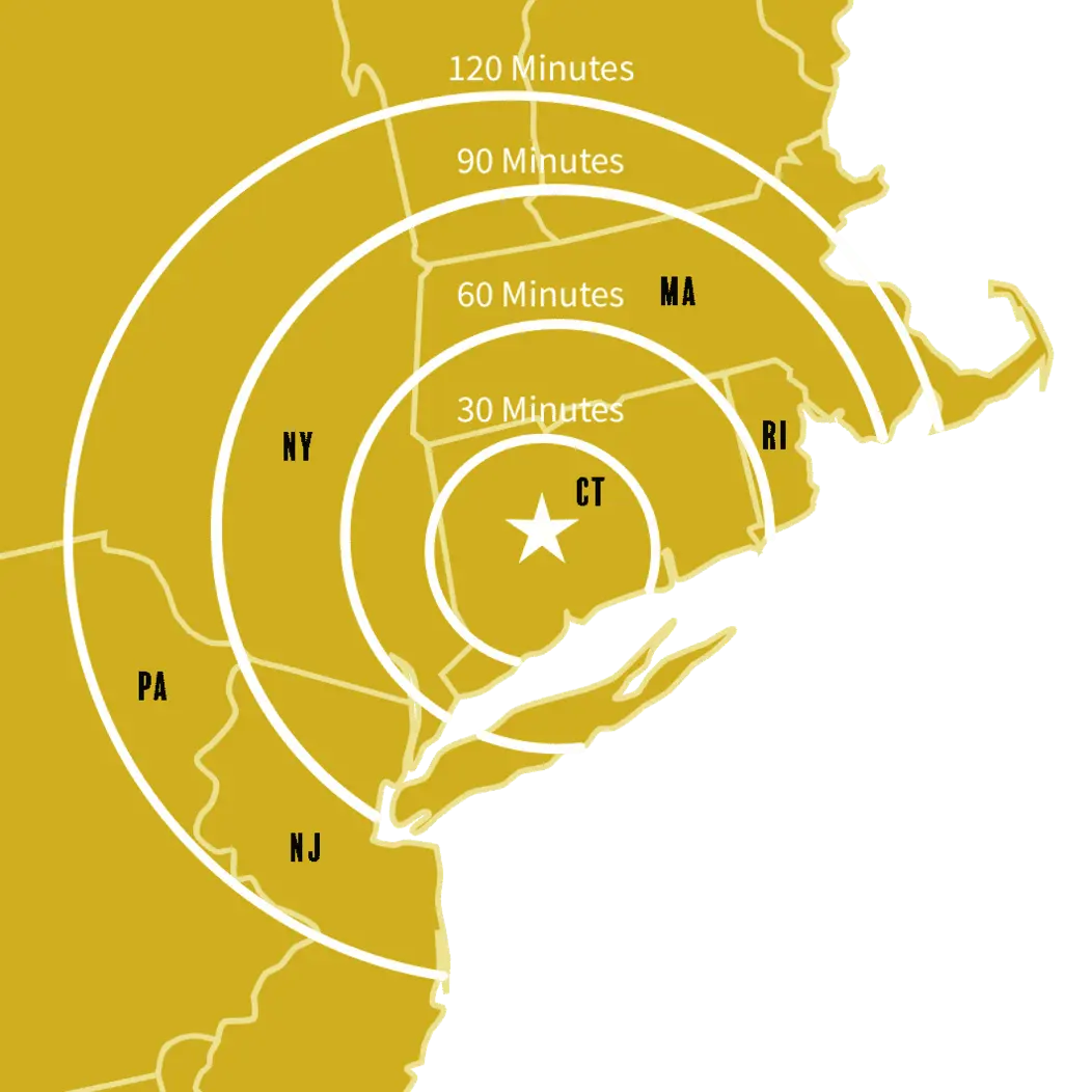 Brass colored map graphic of Connecticut and neighboring states to indicate distance from Waterbury