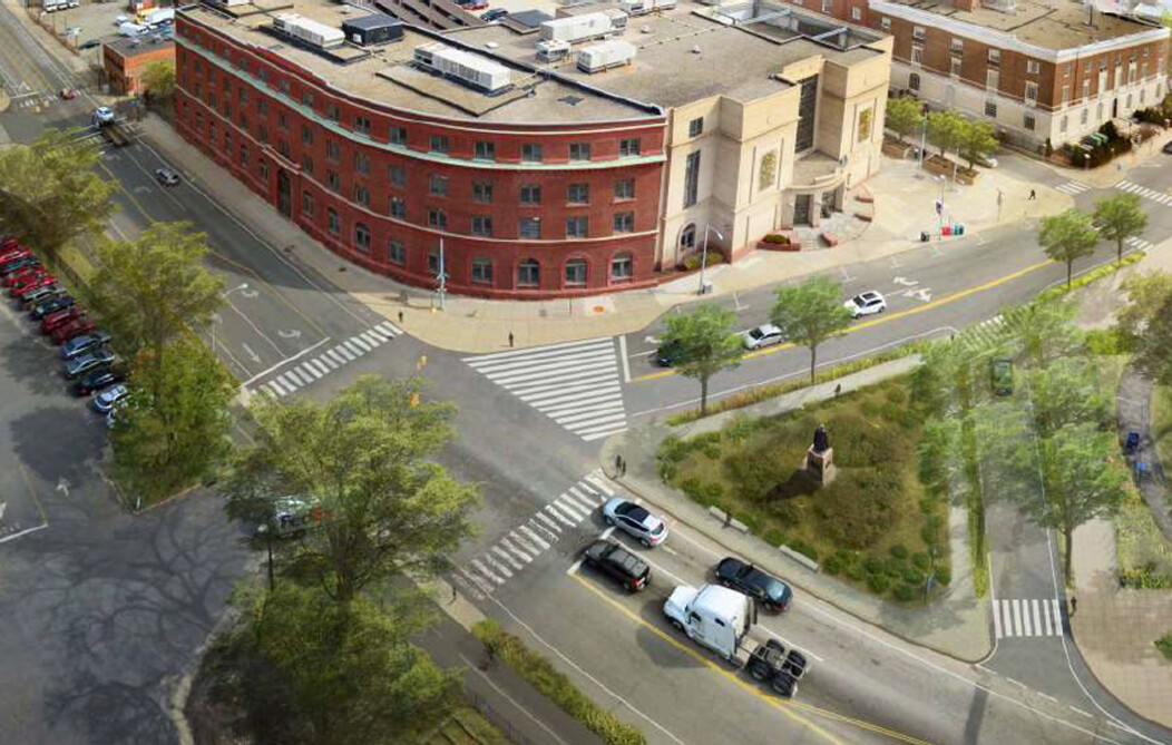 View of city streets and buildings in Downtown Waterbury Connecticut