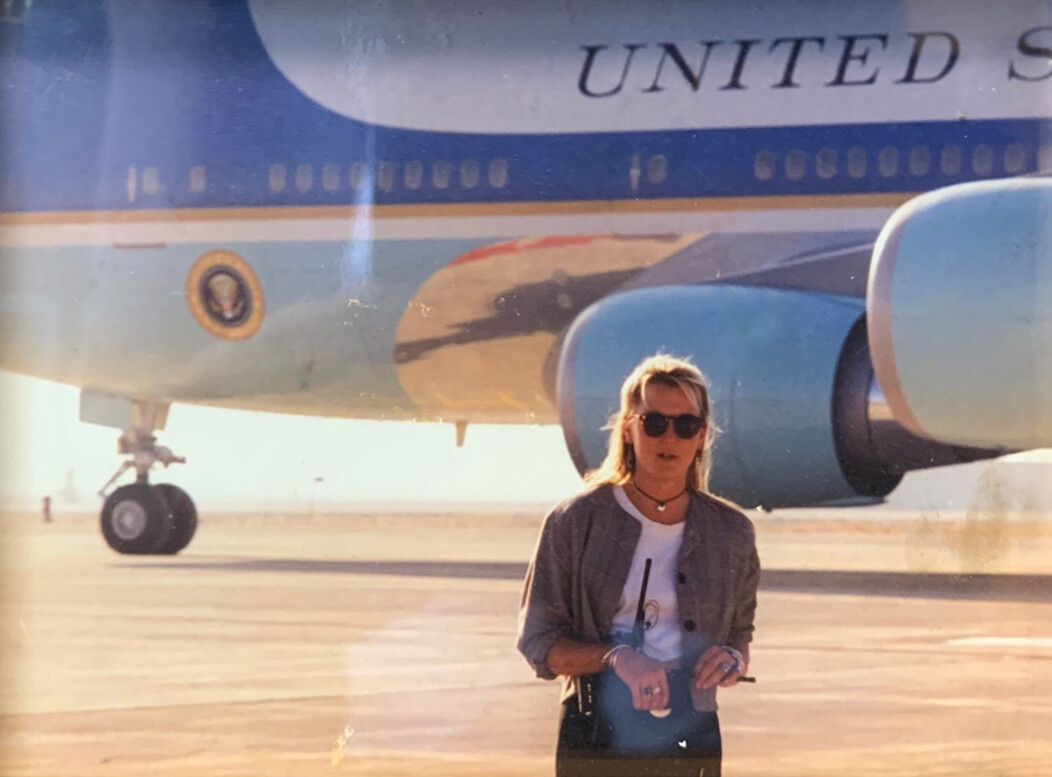 Young Molly Kellogg of Waterbury CT standing infront of Air Force One