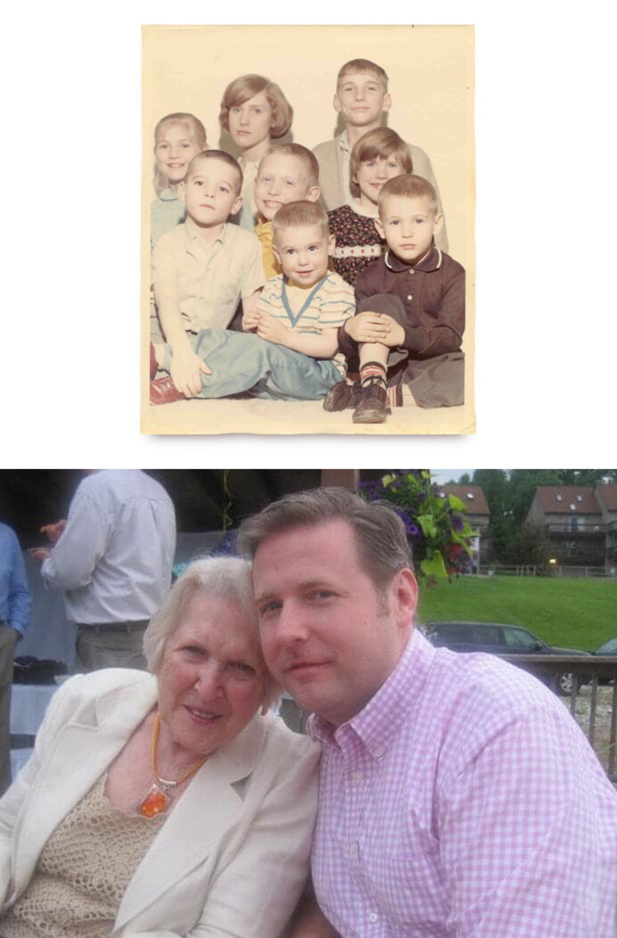 Two photos, one of Bob Burns with his seven siblings and another with his mother