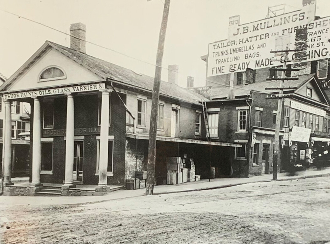 Historic black and white photograph of Apothecaries Hall in Waterbury CT