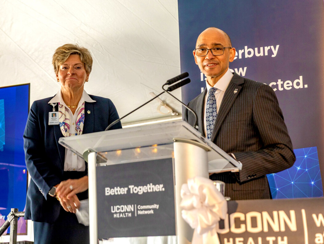 UConn Health Waterbury Hospital leaders Dr. Andrew Agwunobi and Deborah Weymouth